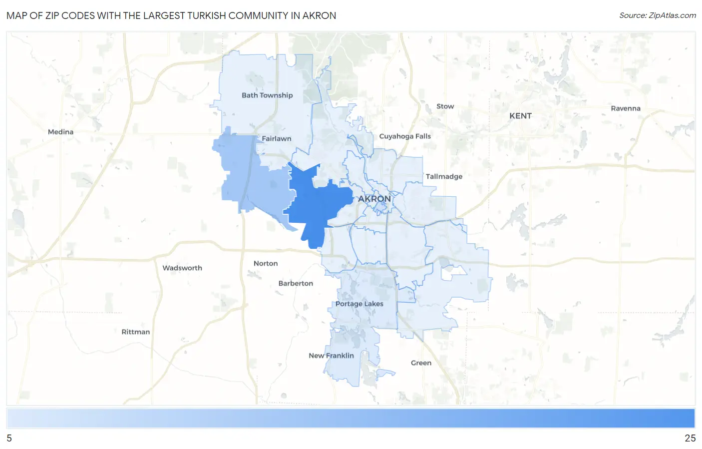 Zip Codes with the Largest Turkish Community in Akron Map