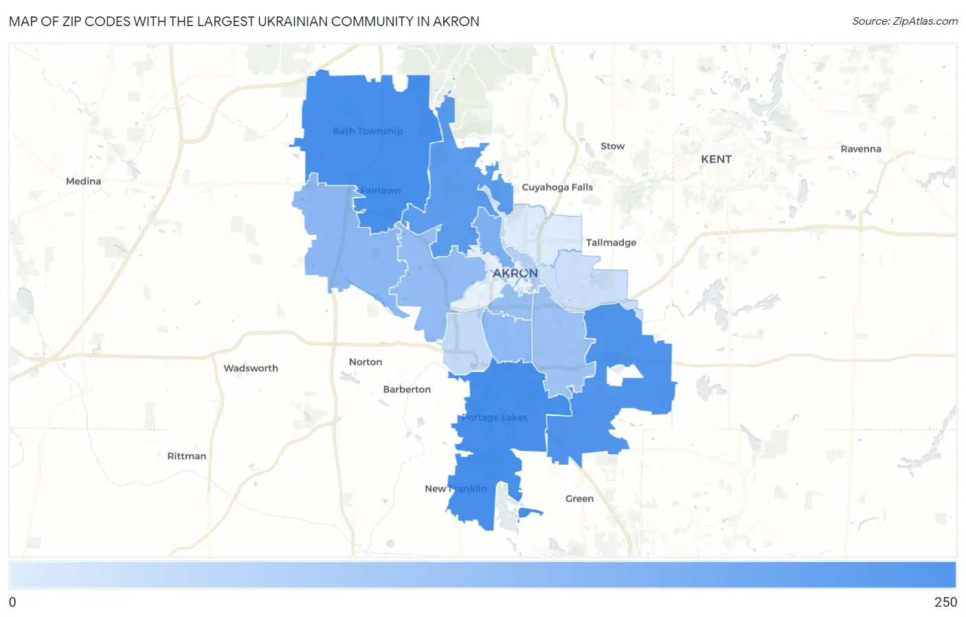 Zip Codes with the Largest Ukrainian Community in Akron Map