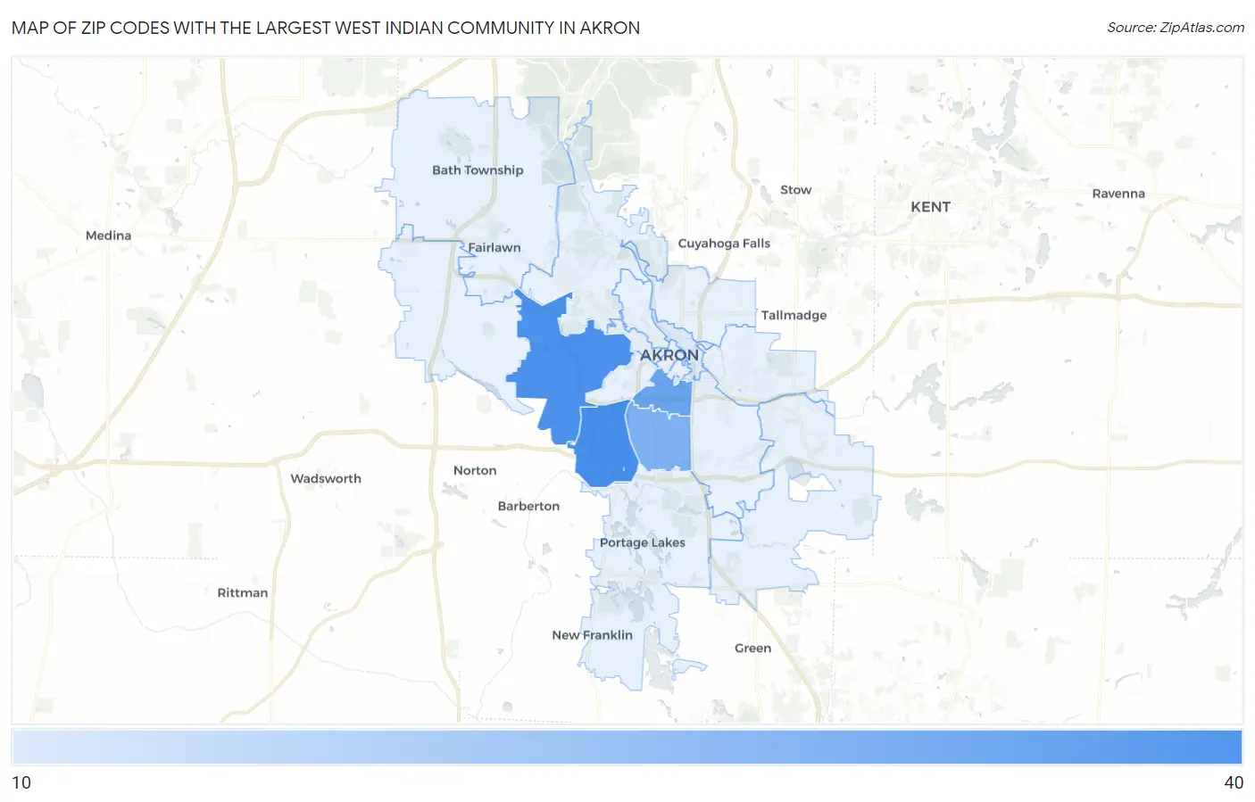 Zip Codes with the Largest West Indian Community in Akron Map