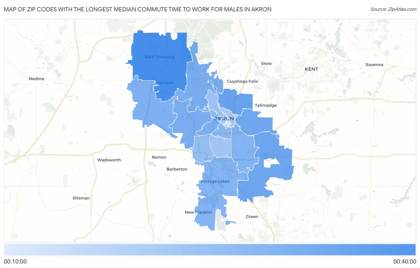 Zip Codes with the Longest Median Commute Time to Work for Males in Akron Map