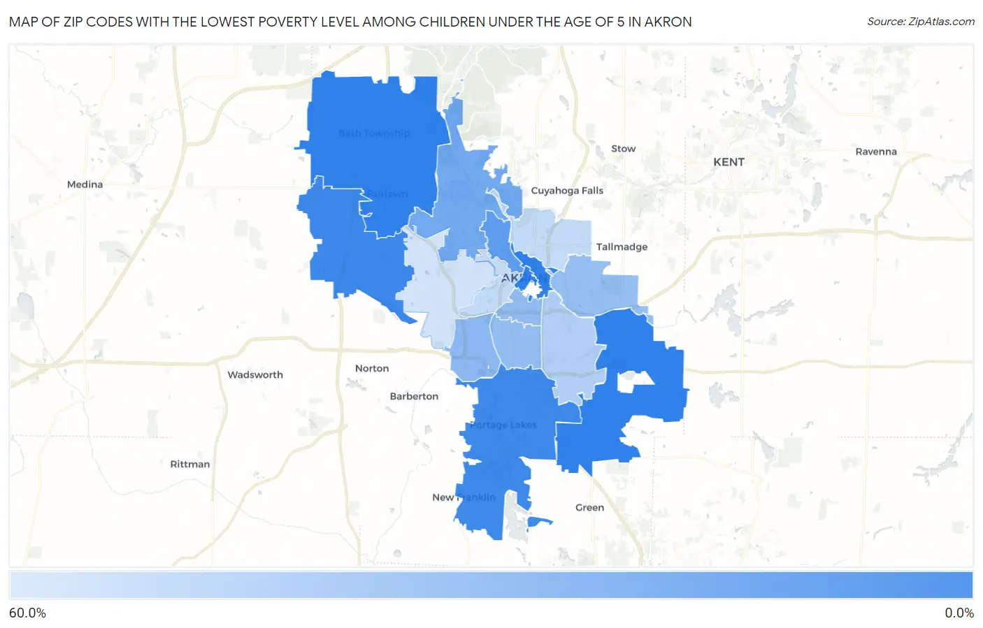 Zip Codes with the Lowest Poverty Level Among Children Under the Age of 5 in Akron Map