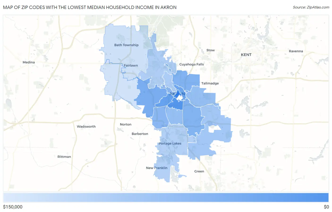 Zip Codes with the Lowest Median Household Income in Akron Map