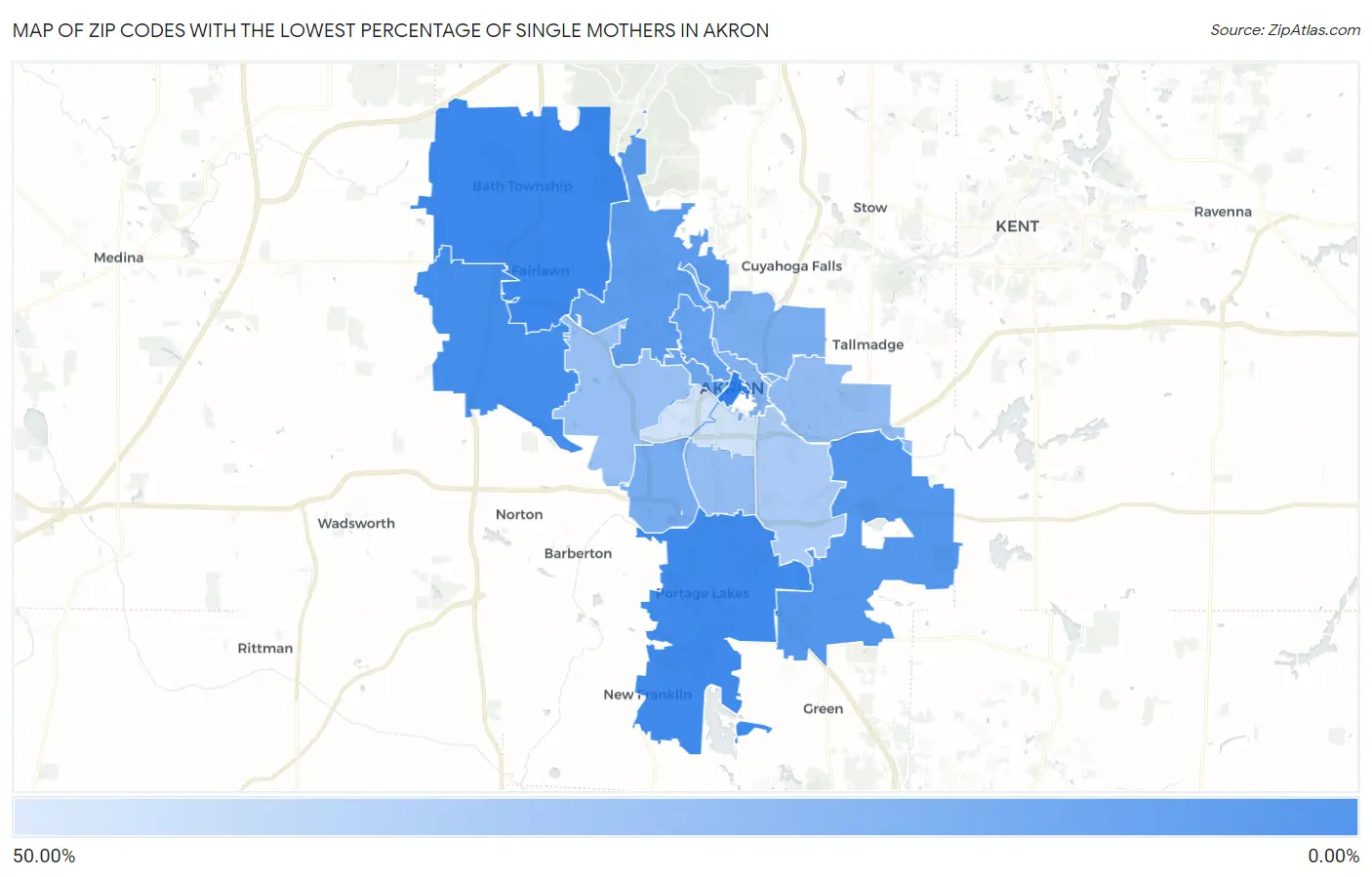 Zip Codes with the Lowest Percentage of Single Mothers in Akron Map