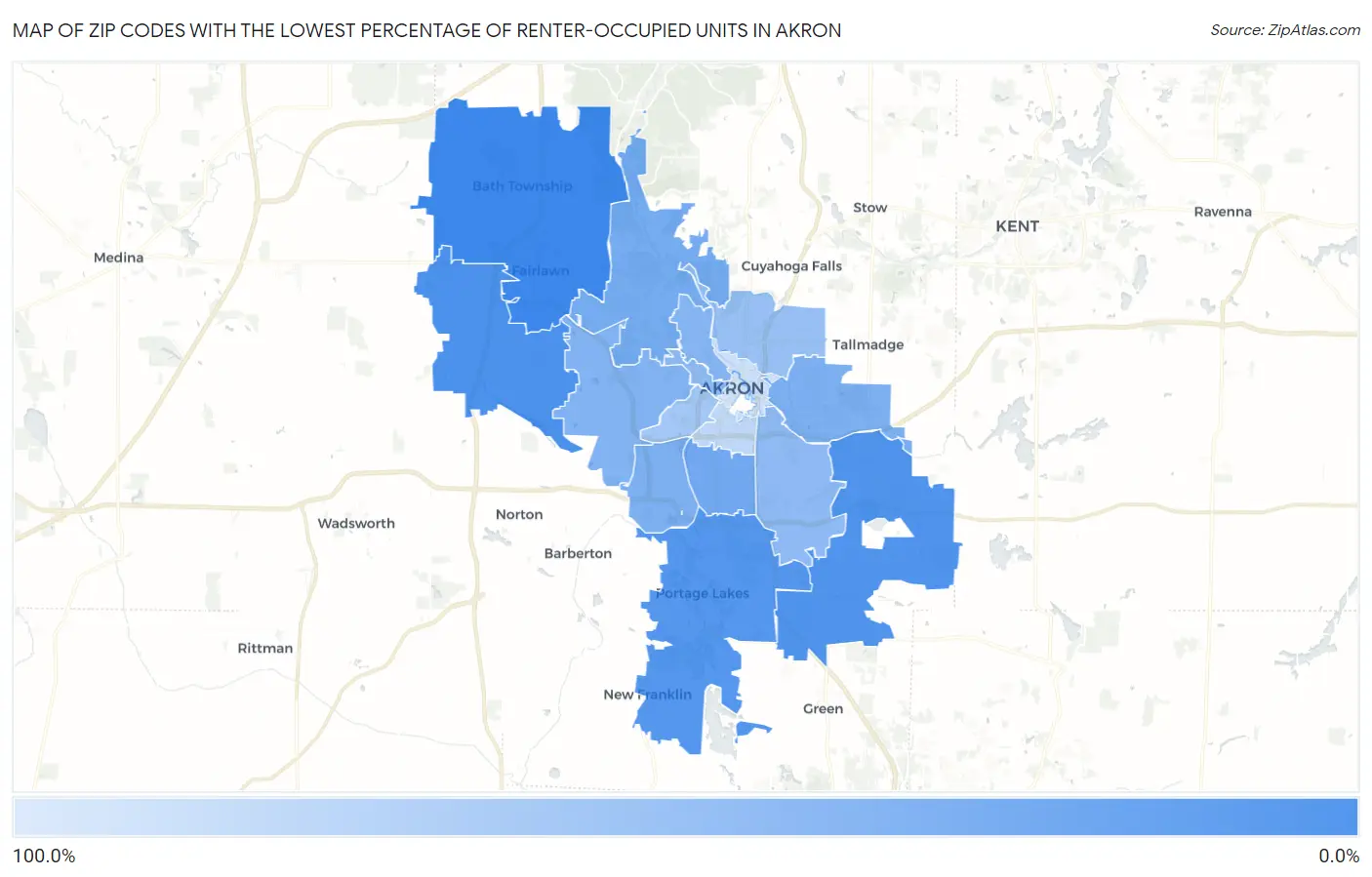 Zip Codes with the Lowest Percentage of Renter-Occupied Units in Akron Map