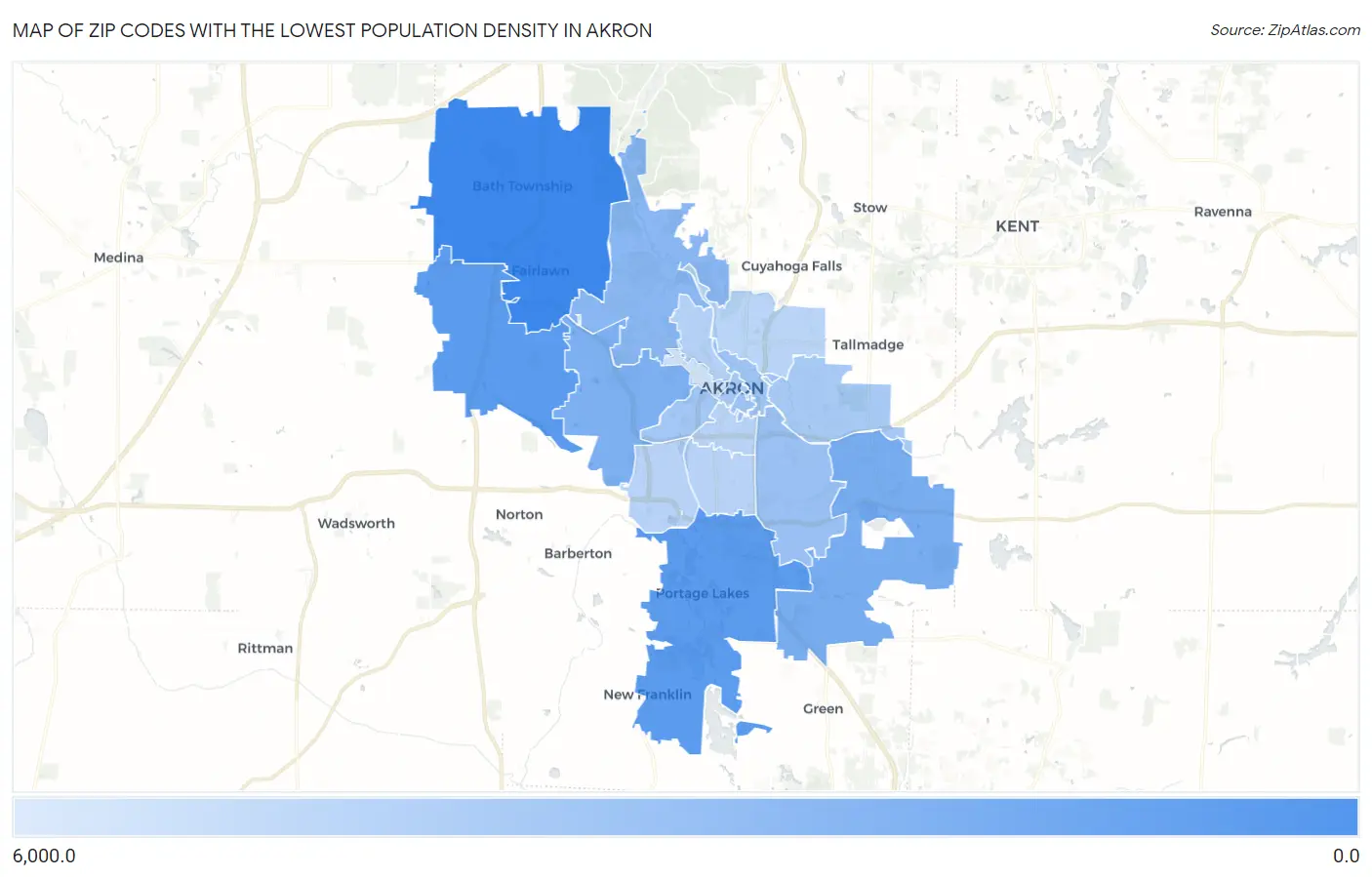 Zip Codes with the Lowest Population Density in Akron Map