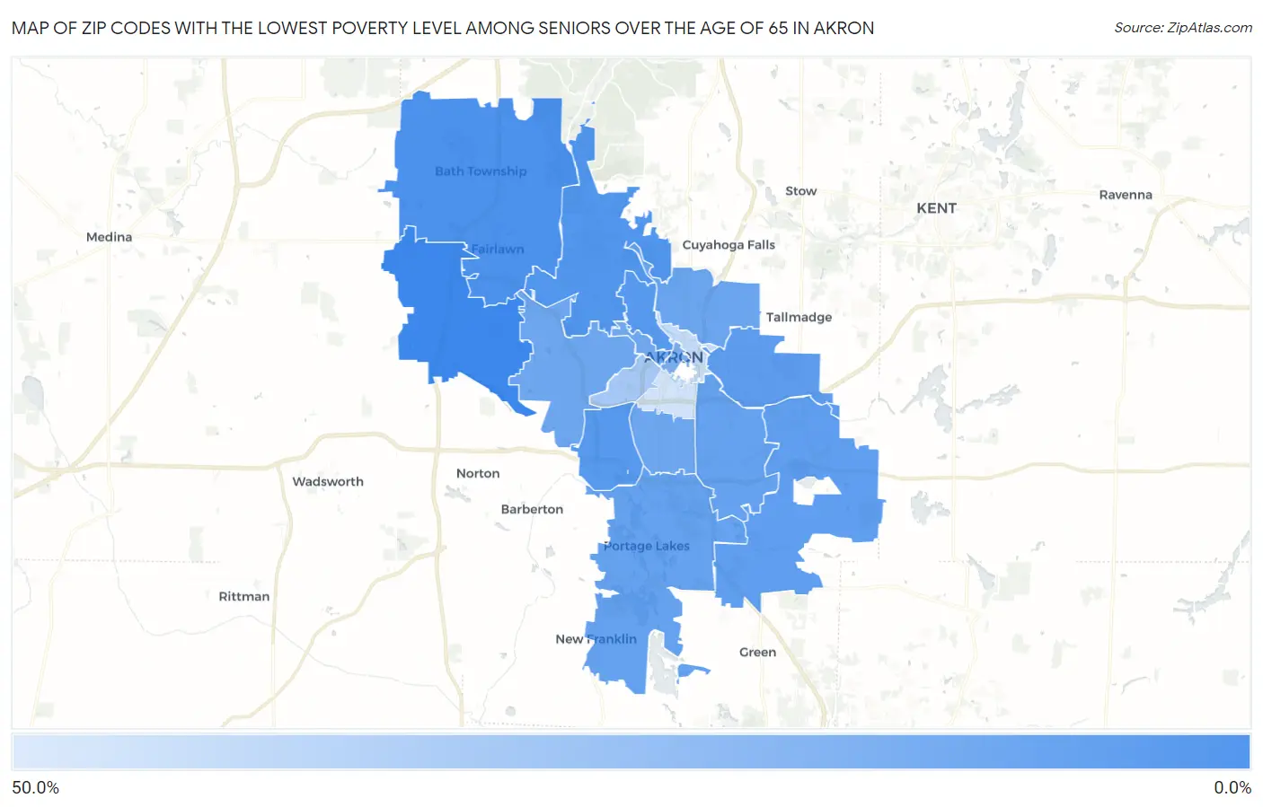 Zip Codes with the Lowest Poverty Level Among Seniors Over the Age of 65 in Akron Map