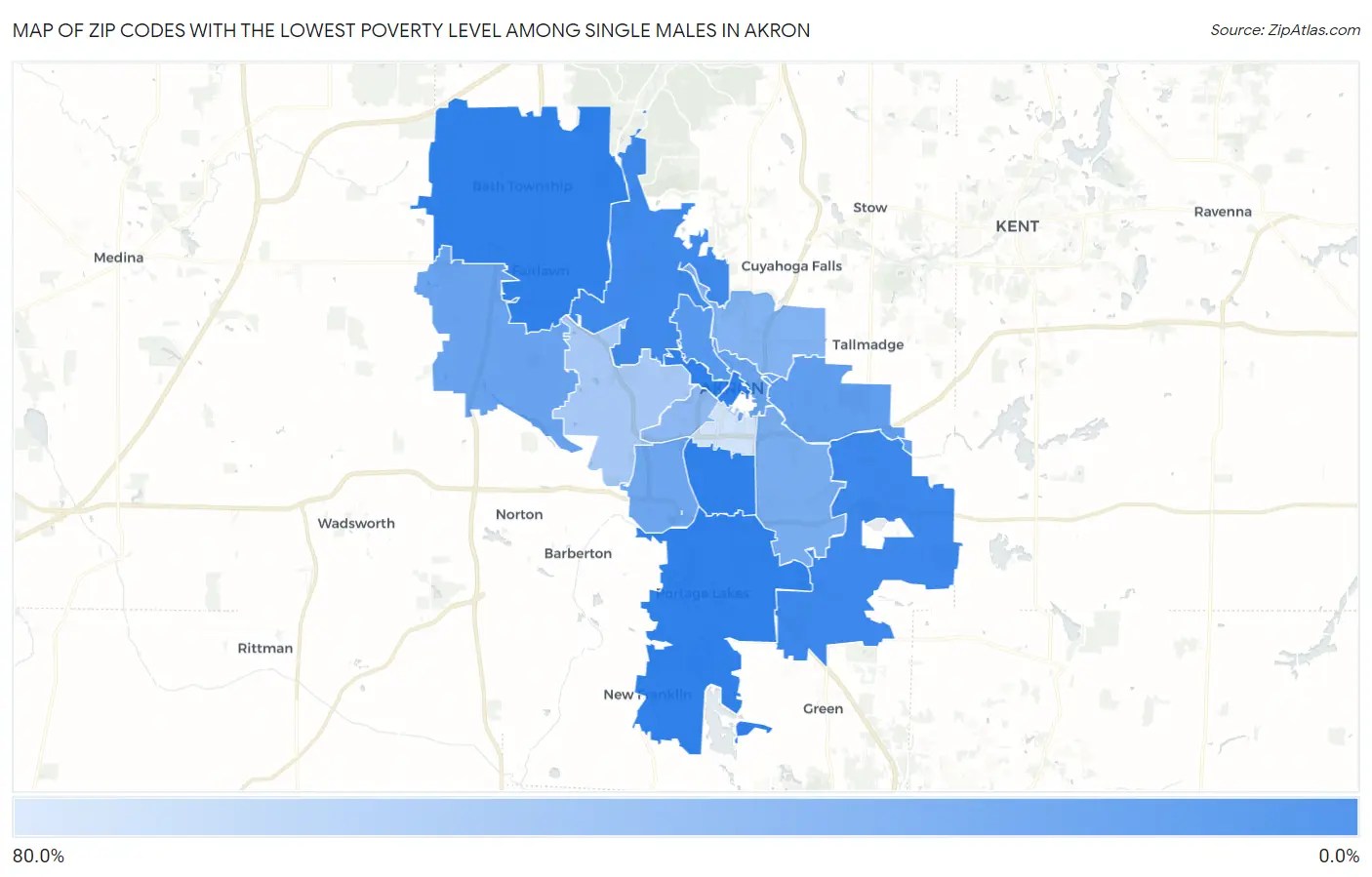 Zip Codes with the Lowest Poverty Level Among Single Males in Akron Map