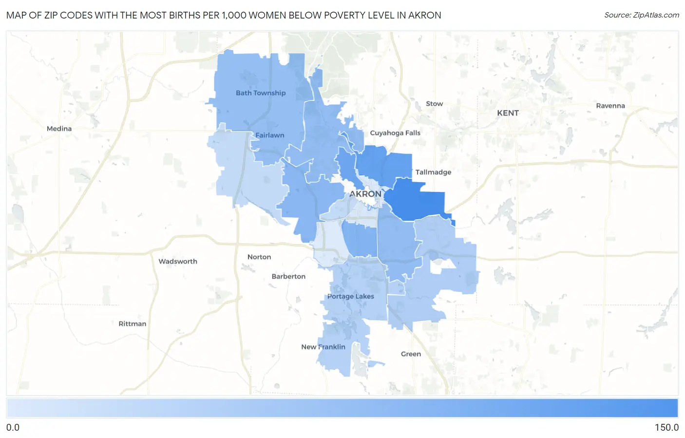 Zip Codes with the Most Births per 1,000 Women Below Poverty Level in Akron Map