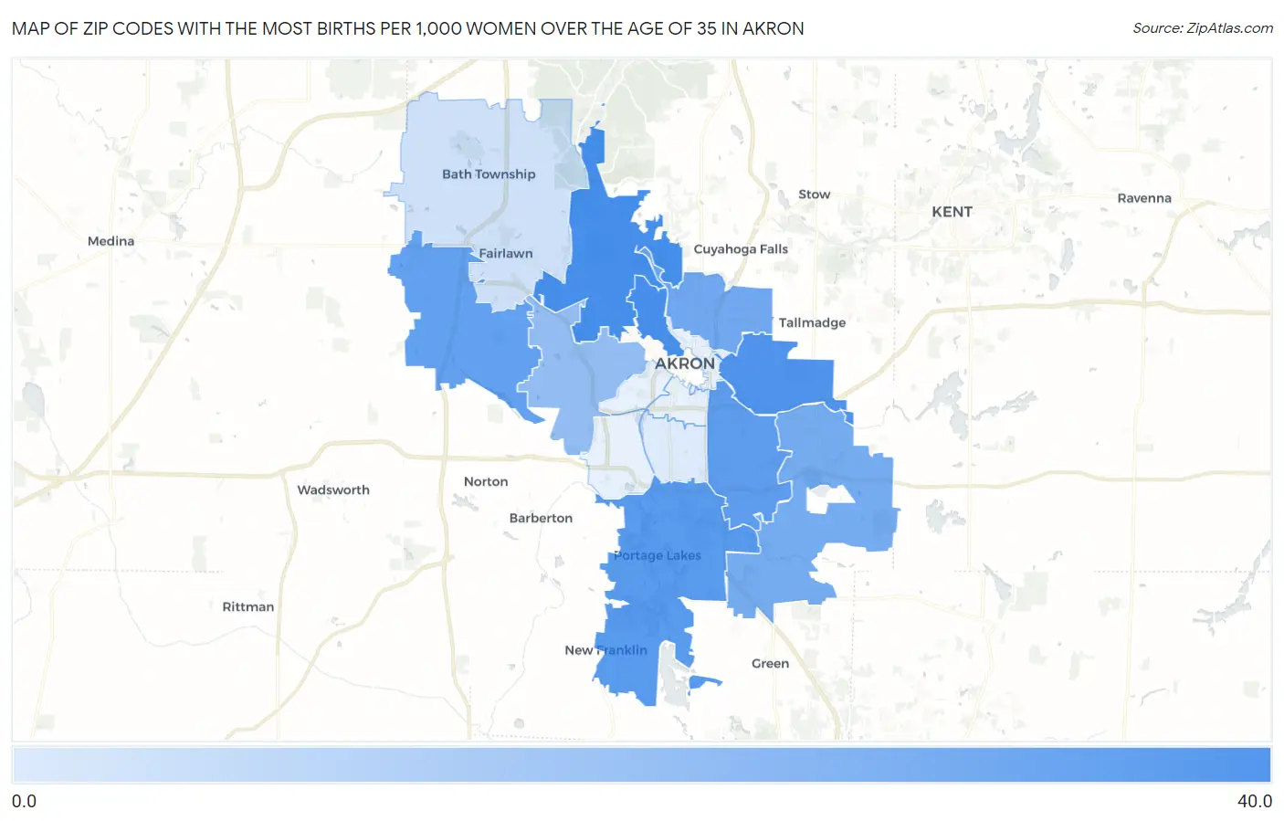 Zip Codes with the Most Births per 1,000 Women Over the Age of 35 in Akron Map
