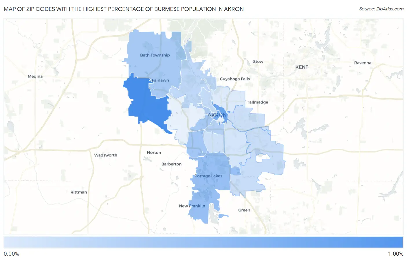 Zip Codes with the Highest Percentage of Burmese Population in Akron Map