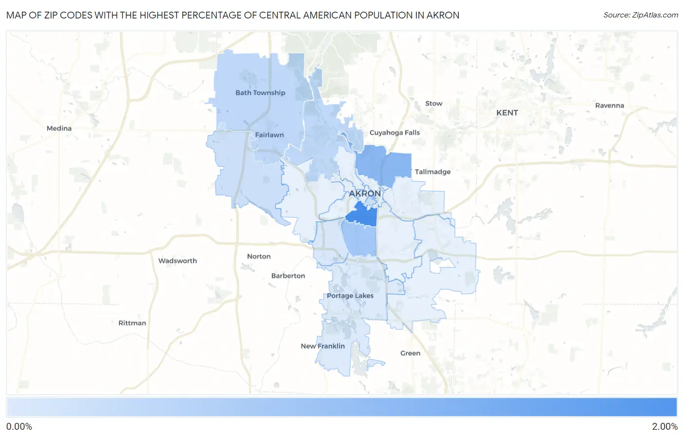 Zip Codes with the Highest Percentage of Central American Population in Akron Map