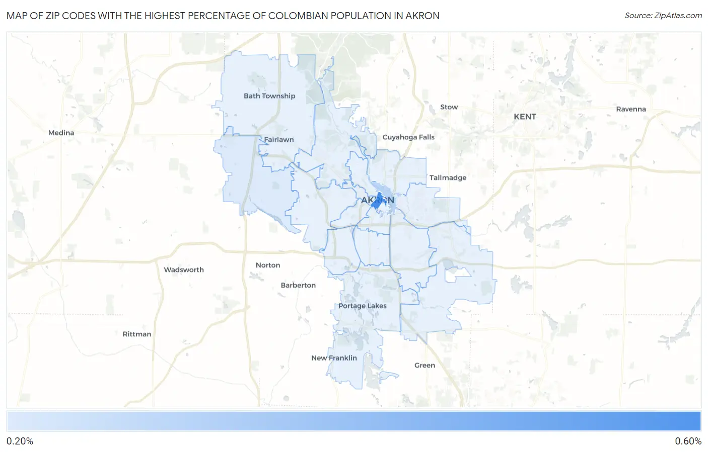 Zip Codes with the Highest Percentage of Colombian Population in Akron Map