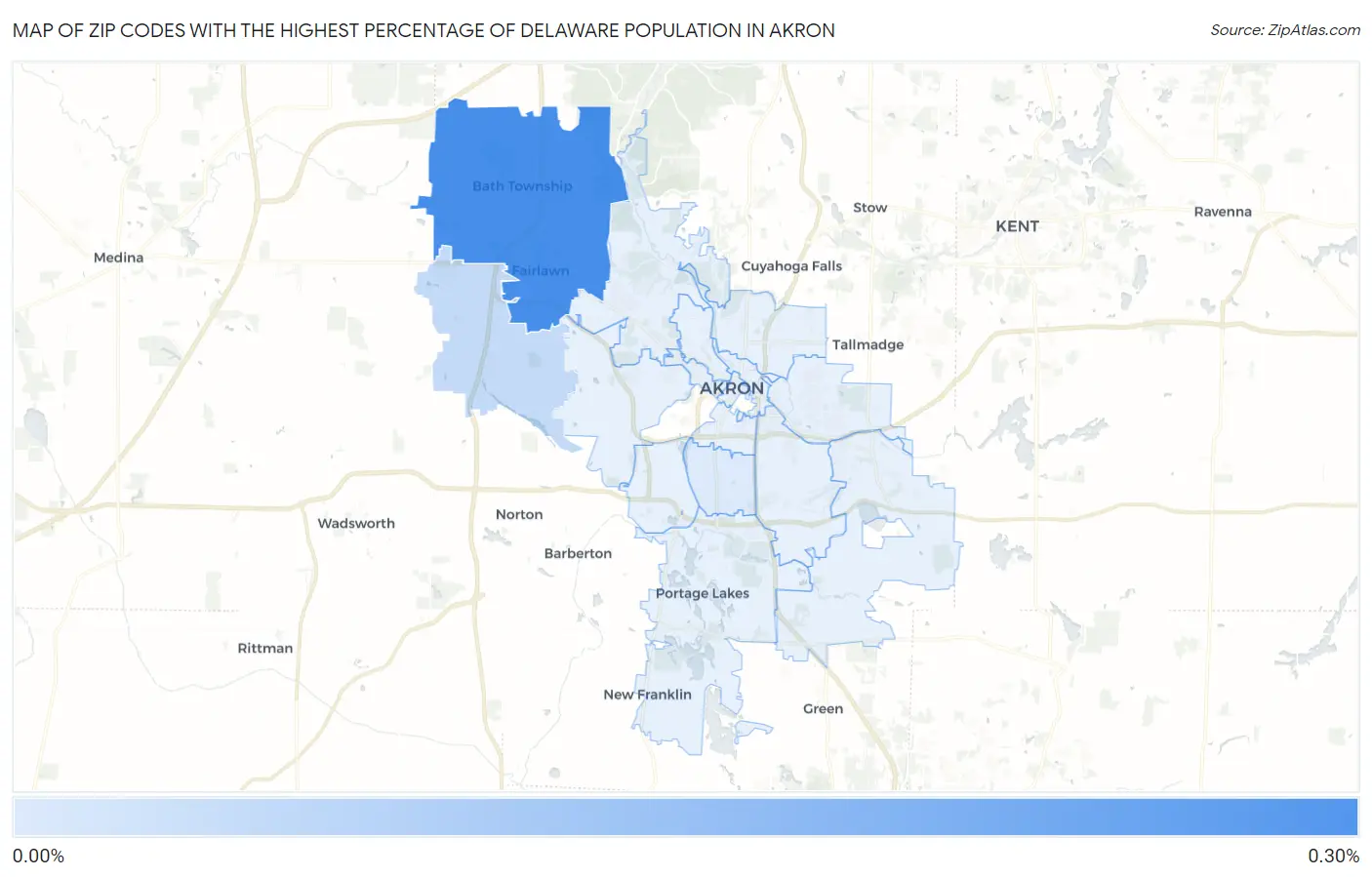 Zip Codes with the Highest Percentage of Delaware Population in Akron Map