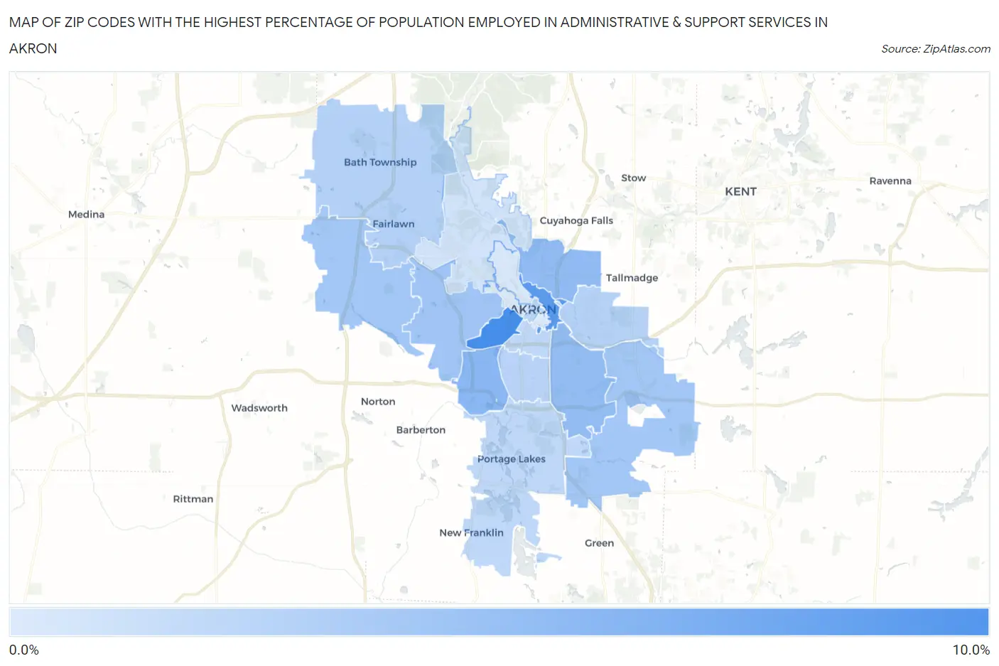 Zip Codes with the Highest Percentage of Population Employed in Administrative & Support Services in Akron Map