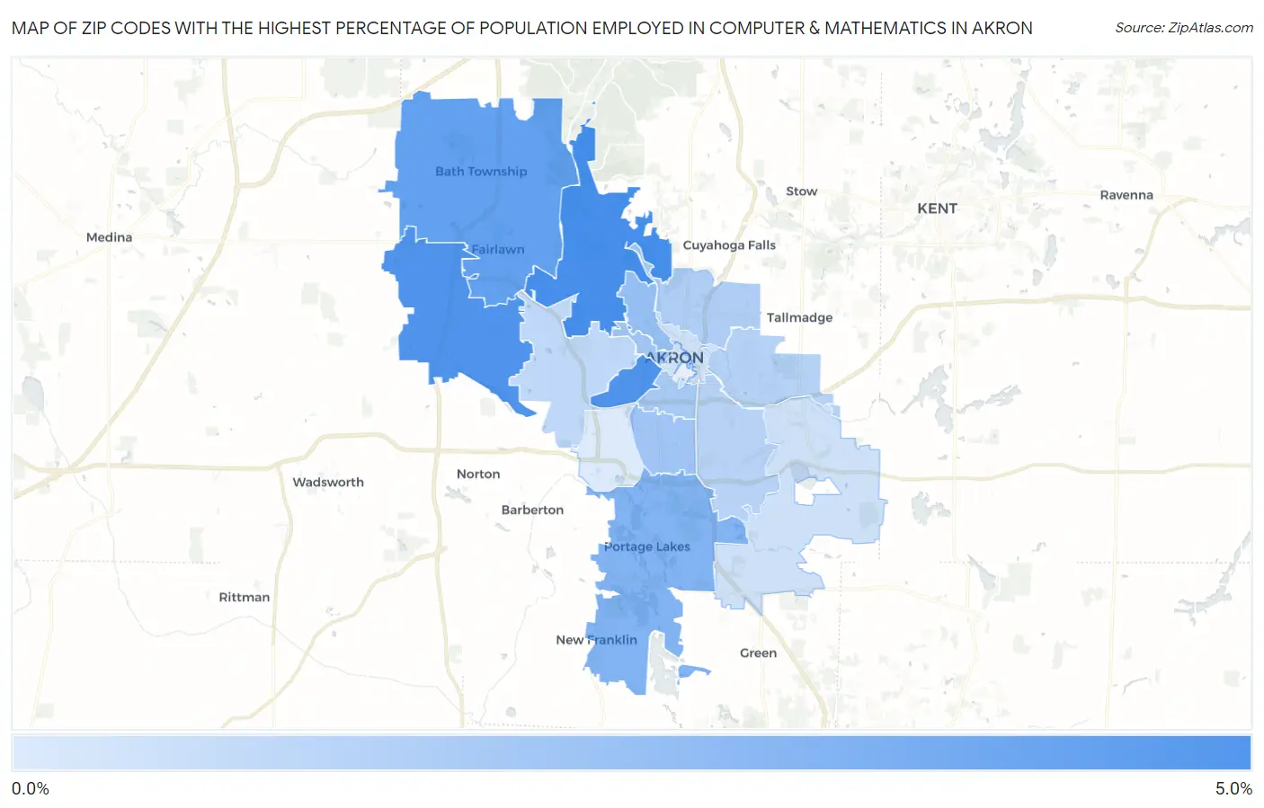Zip Codes with the Highest Percentage of Population Employed in Computer & Mathematics in Akron Map