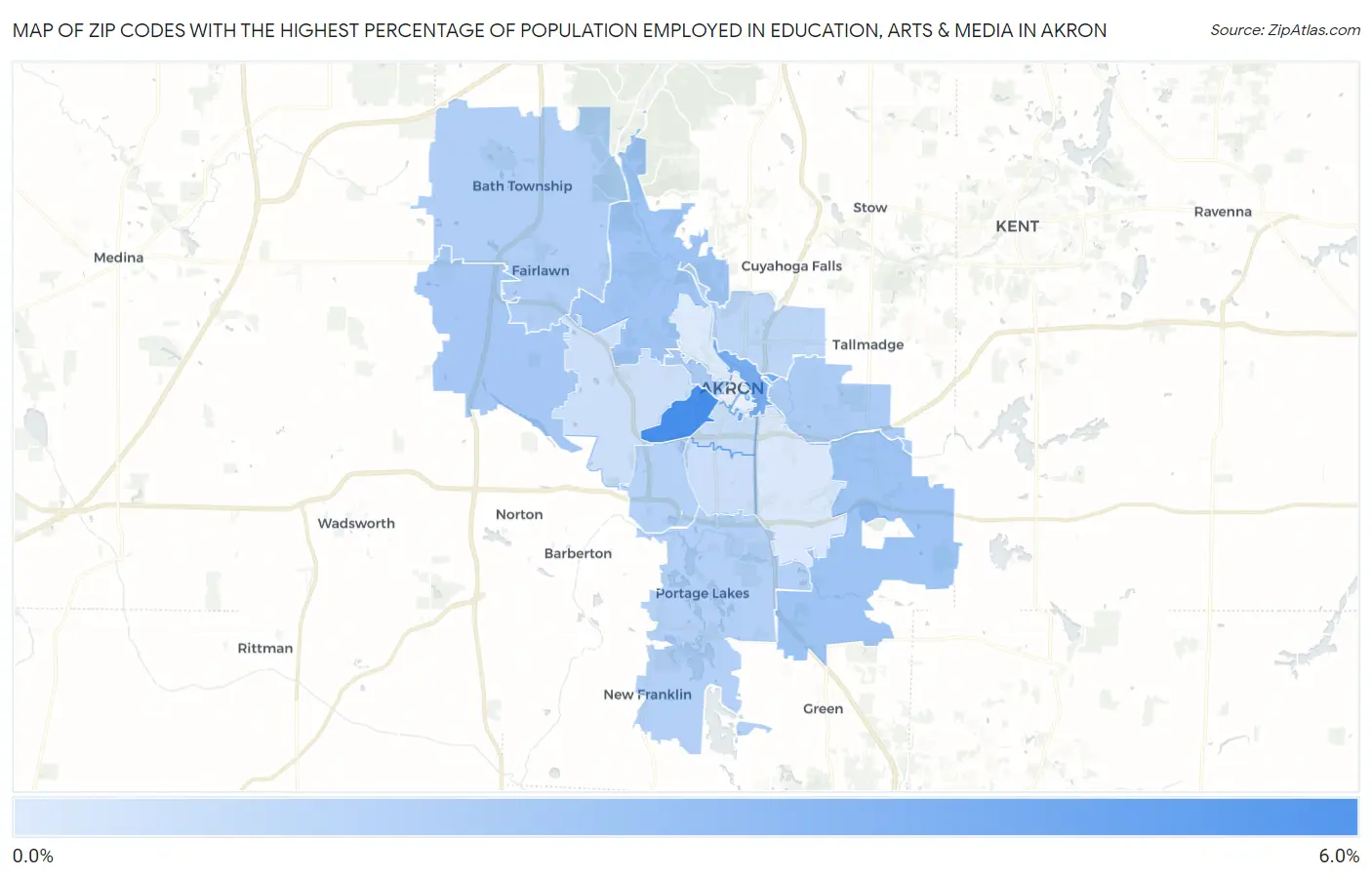 Zip Codes with the Highest Percentage of Population Employed in Education, Arts & Media in Akron Map