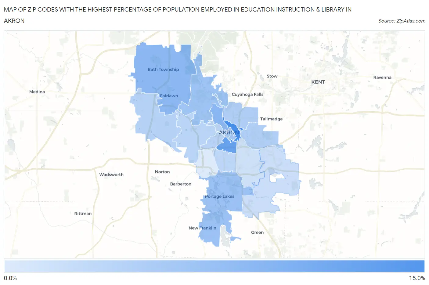 Zip Codes with the Highest Percentage of Population Employed in Education Instruction & Library in Akron Map