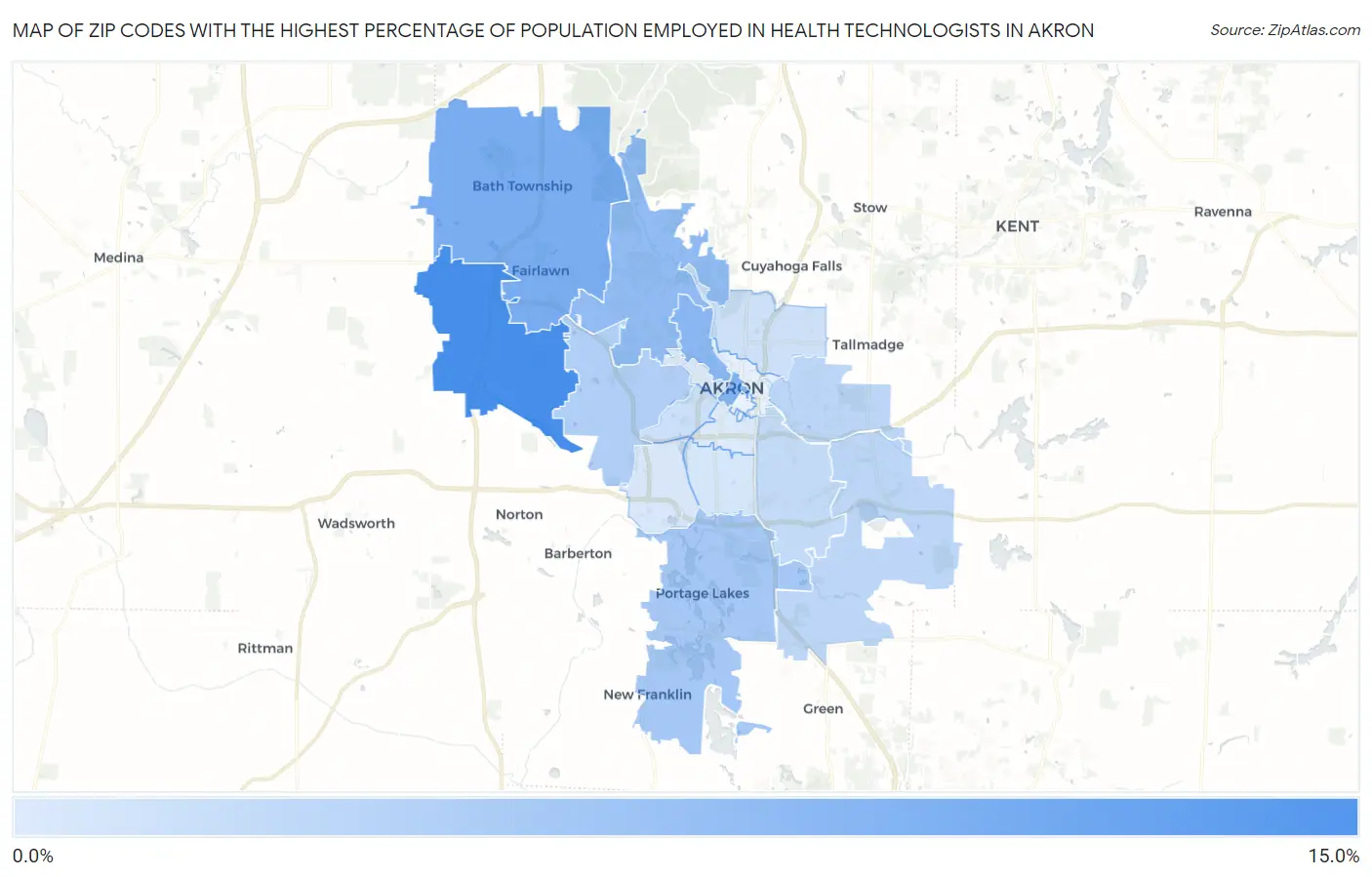 Zip Codes with the Highest Percentage of Population Employed in Health Technologists in Akron Map