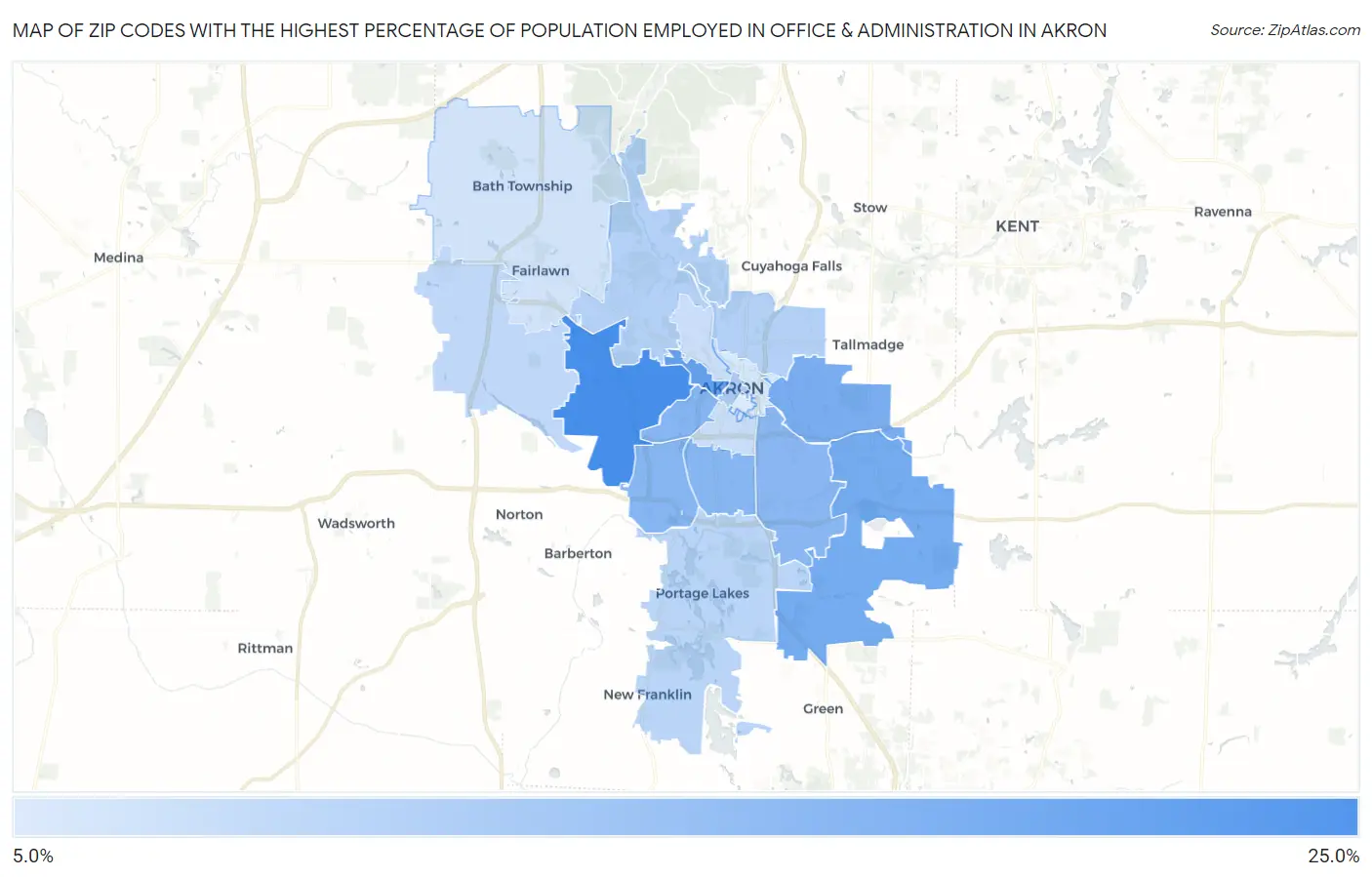 Zip Codes with the Highest Percentage of Population Employed in Office & Administration in Akron Map
