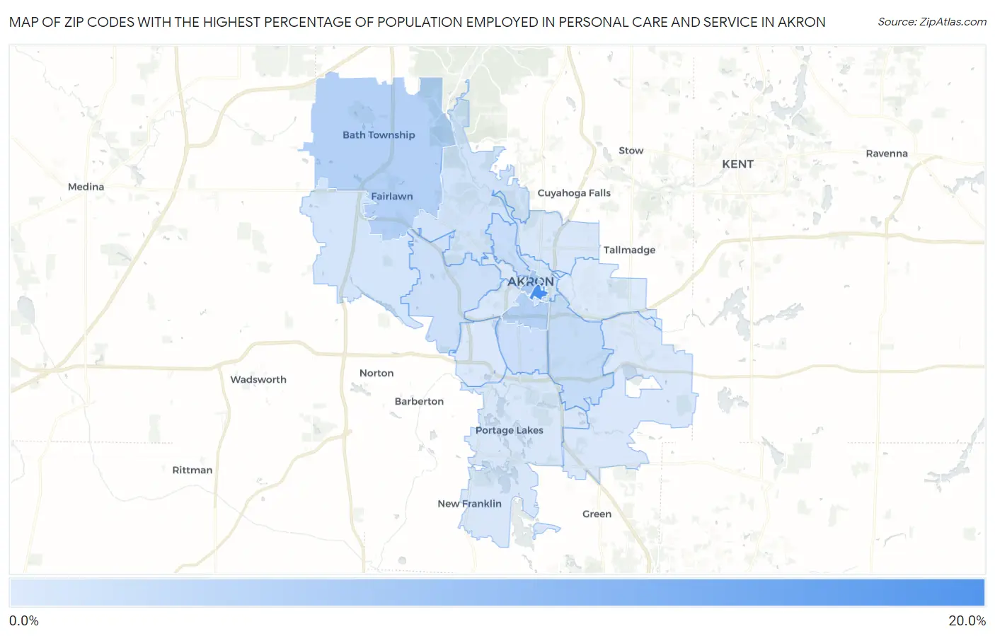 Zip Codes with the Highest Percentage of Population Employed in Personal Care and Service in Akron Map