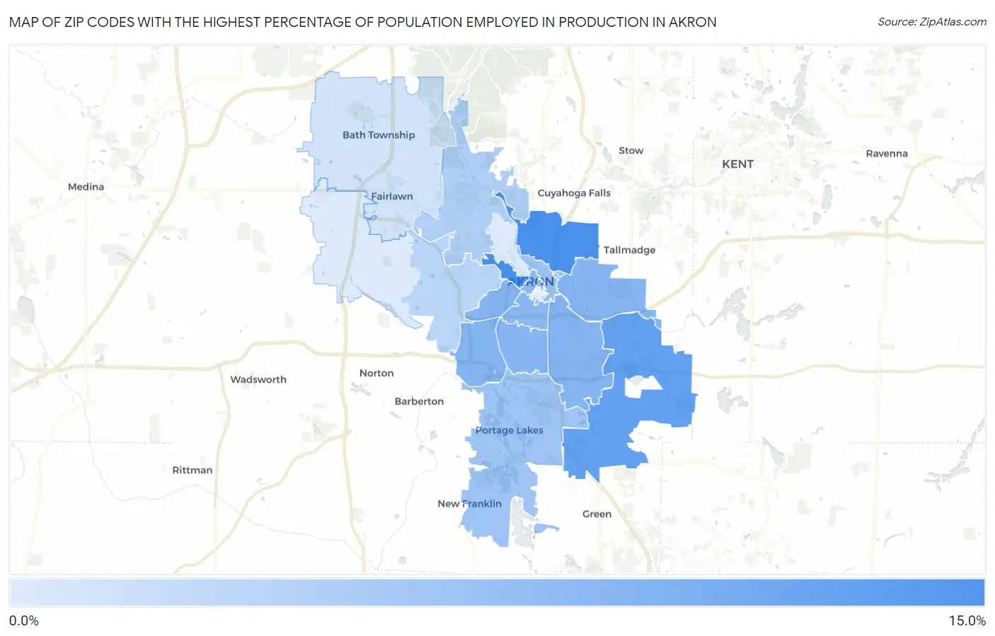Zip Codes with the Highest Percentage of Population Employed in Production in Akron Map