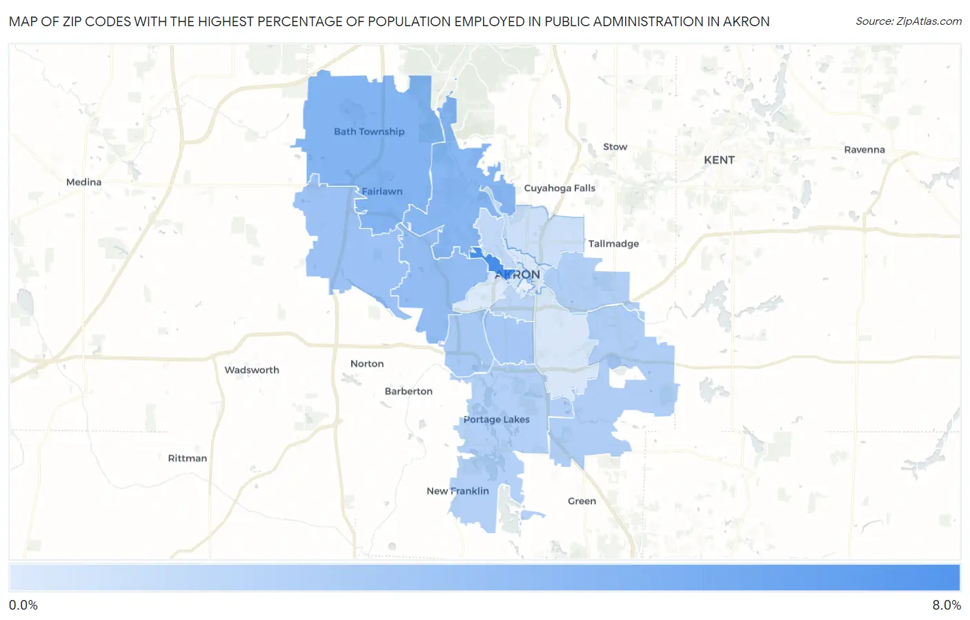 Zip Codes with the Highest Percentage of Population Employed in Public Administration in Akron Map