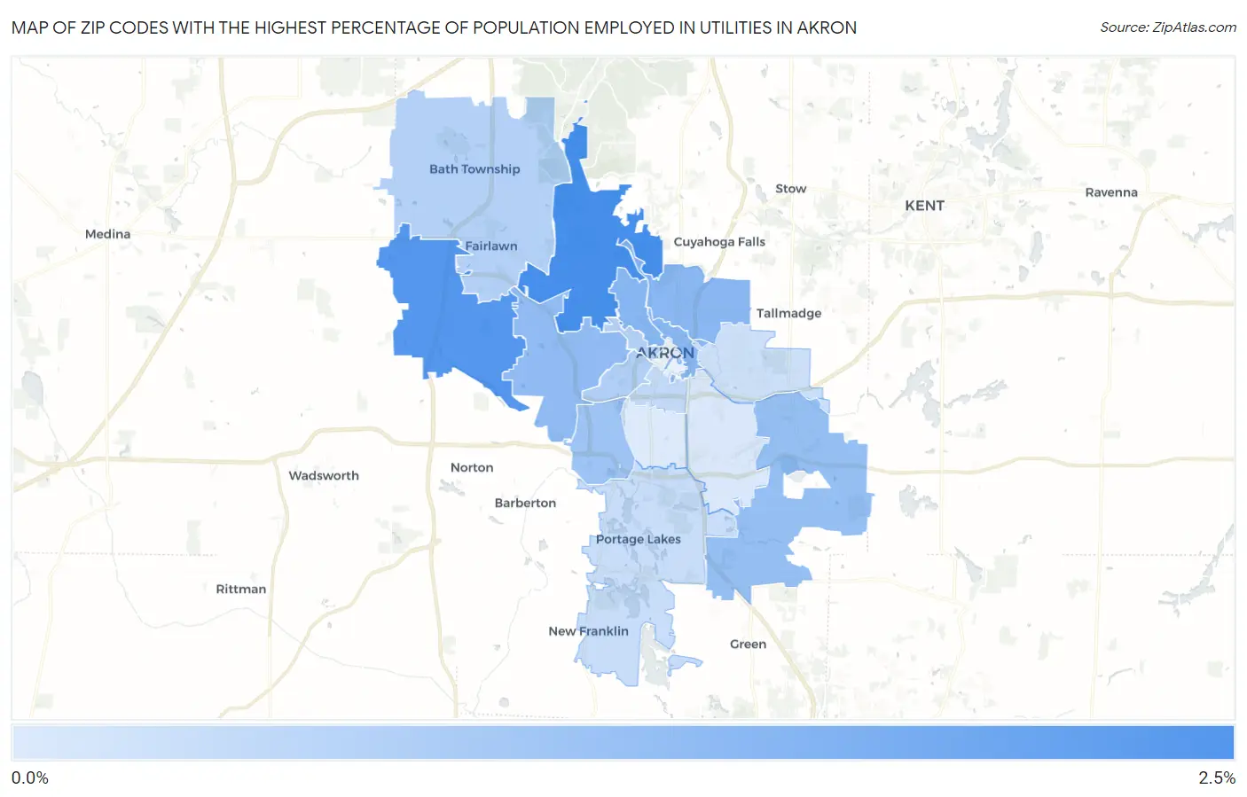 Zip Codes with the Highest Percentage of Population Employed in Utilities in Akron Map