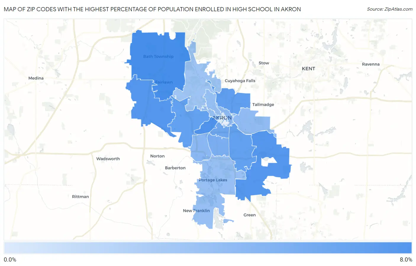 Zip Codes with the Highest Percentage of Population Enrolled in High School in Akron Map