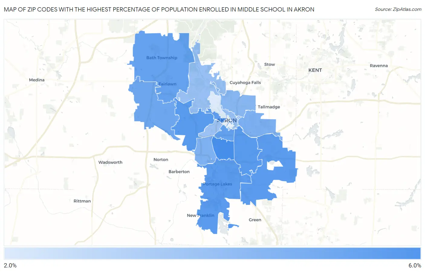 Zip Codes with the Highest Percentage of Population Enrolled in Middle School in Akron Map