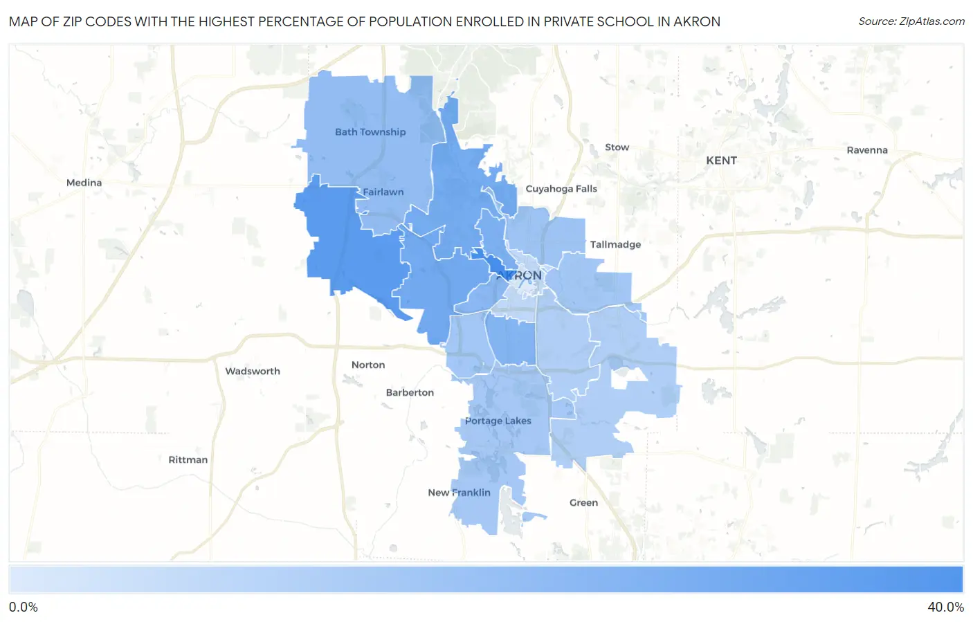 Zip Codes with the Highest Percentage of Population Enrolled in Private School in Akron Map