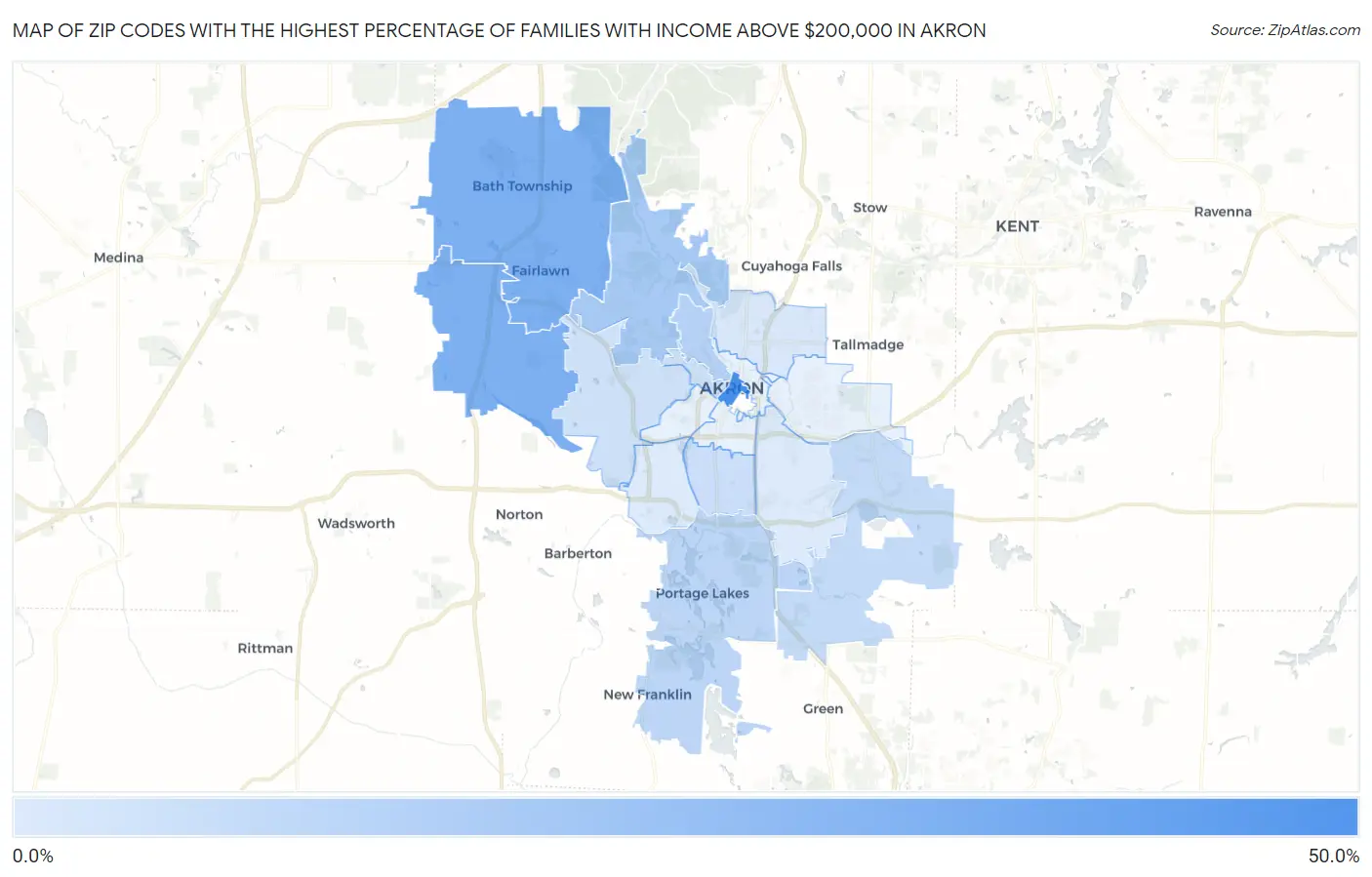 Zip Codes with the Highest Percentage of Families with Income Above $200,000 in Akron Map