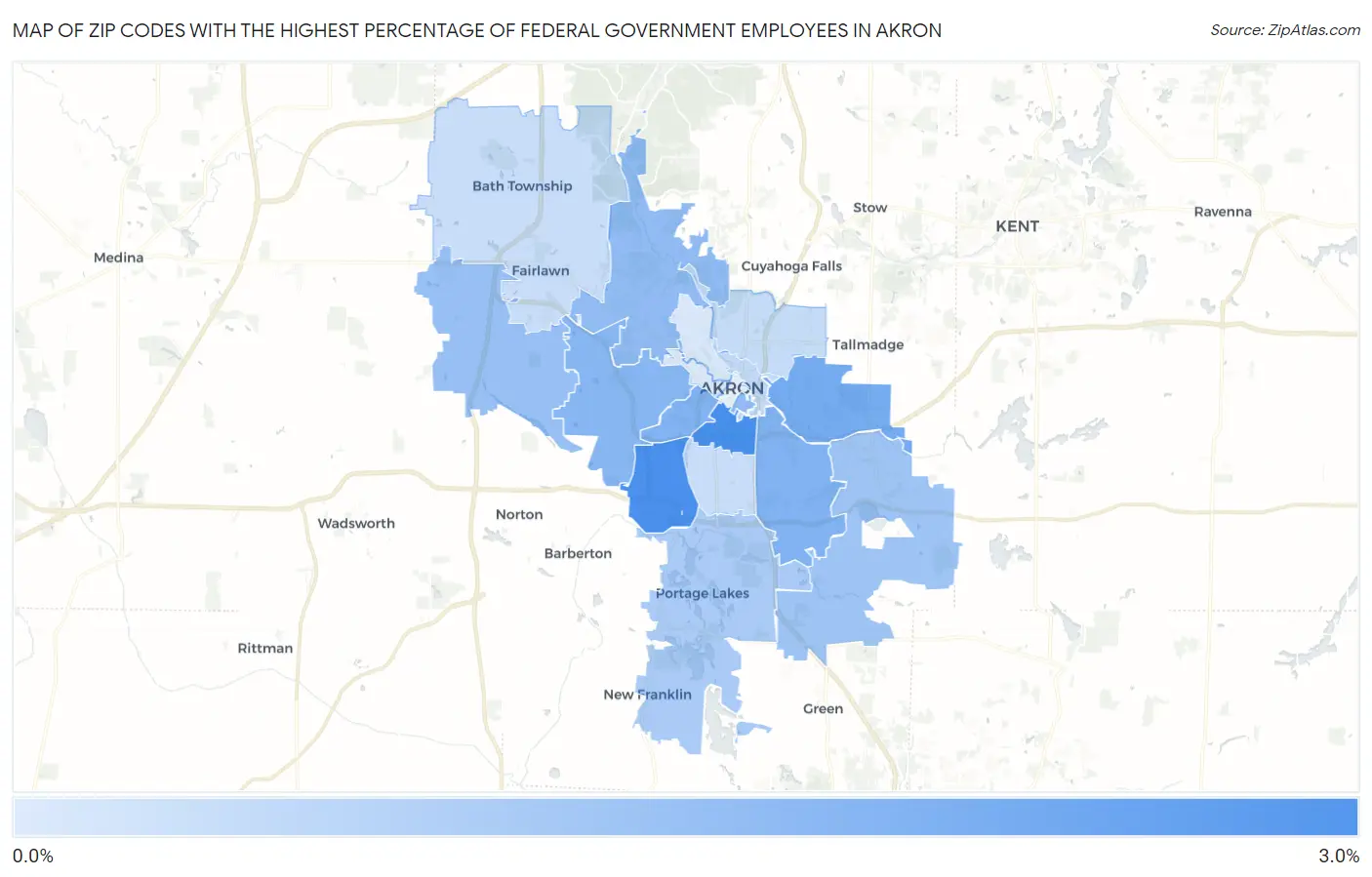 Zip Codes with the Highest Percentage of Federal Government Employees in Akron Map