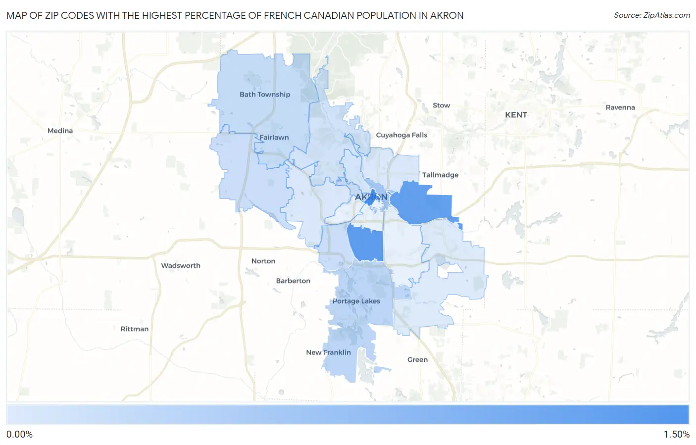Zip Codes with the Highest Percentage of French Canadian Population in Akron Map