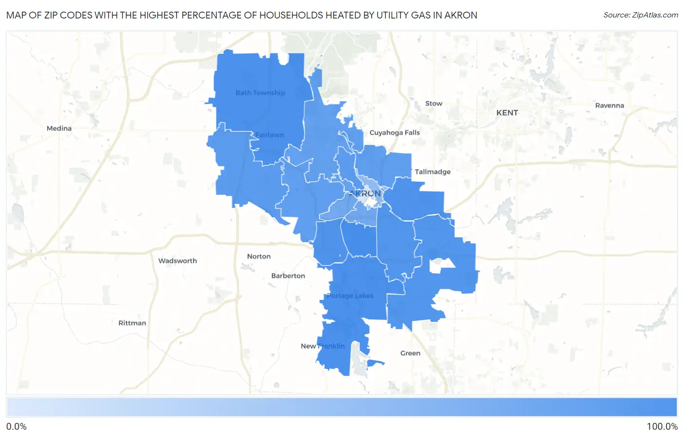 Zip Codes with the Highest Percentage of Households Heated by Utility Gas in Akron Map