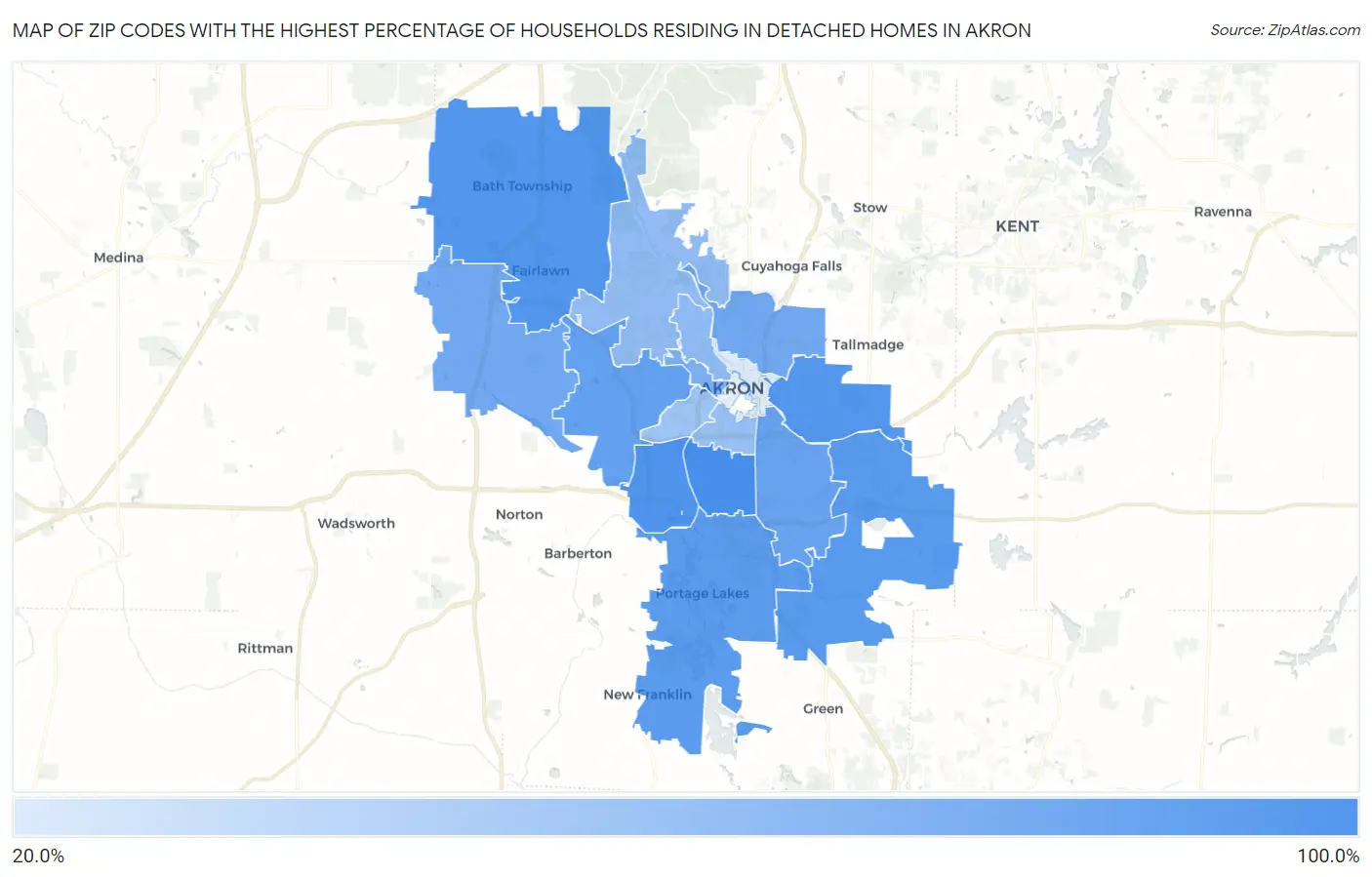 Zip Codes with the Highest Percentage of Households Residing in Detached Homes in Akron Map