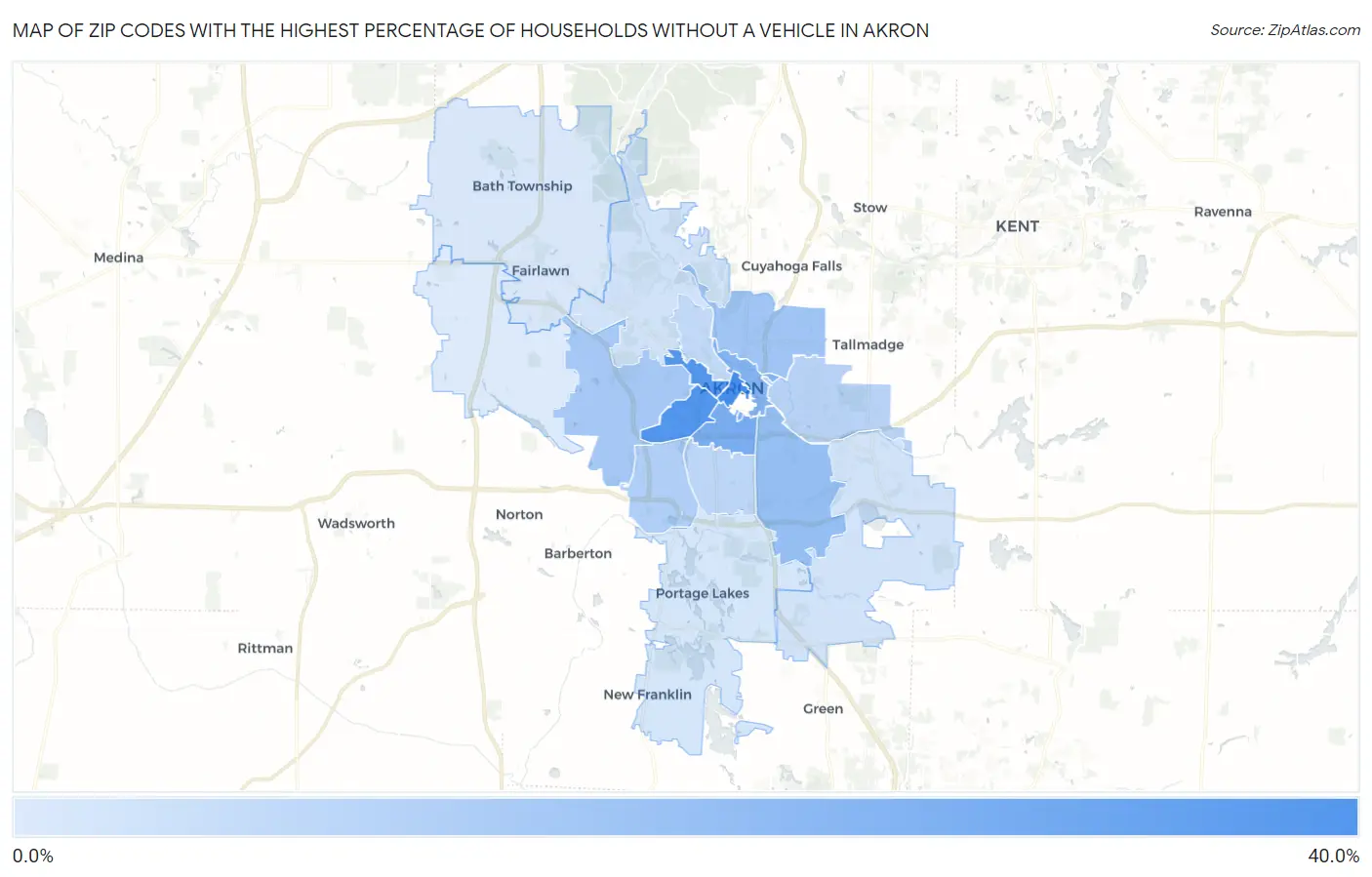 Zip Codes with the Highest Percentage of Households Without a Vehicle in Akron Map