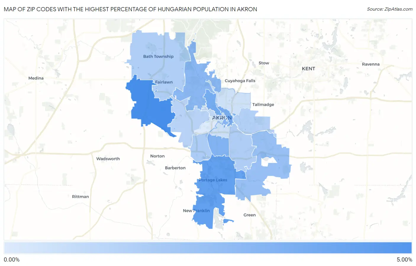 Zip Codes with the Highest Percentage of Hungarian Population in Akron Map