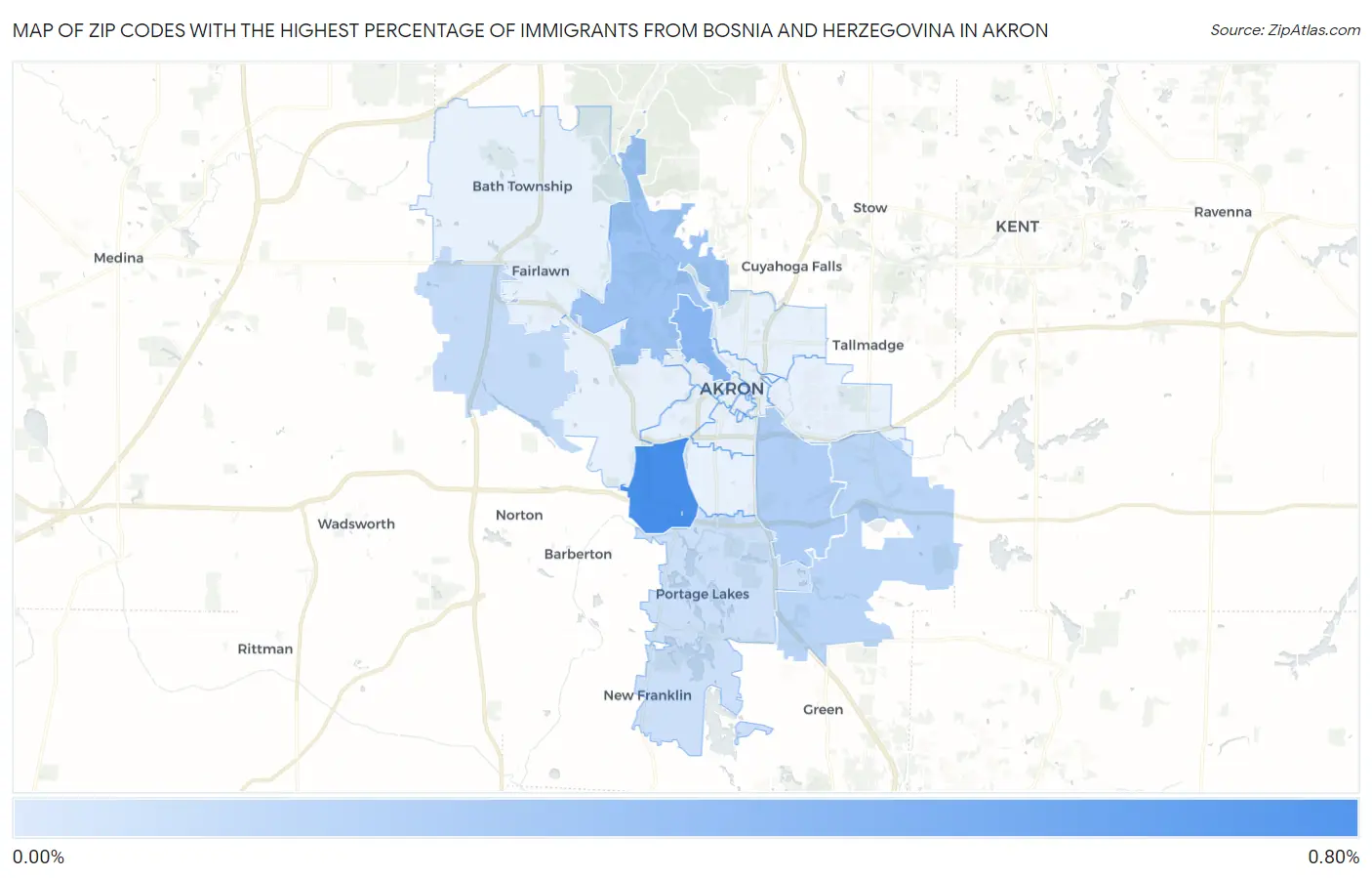 Zip Codes with the Highest Percentage of Immigrants from Bosnia and Herzegovina in Akron Map