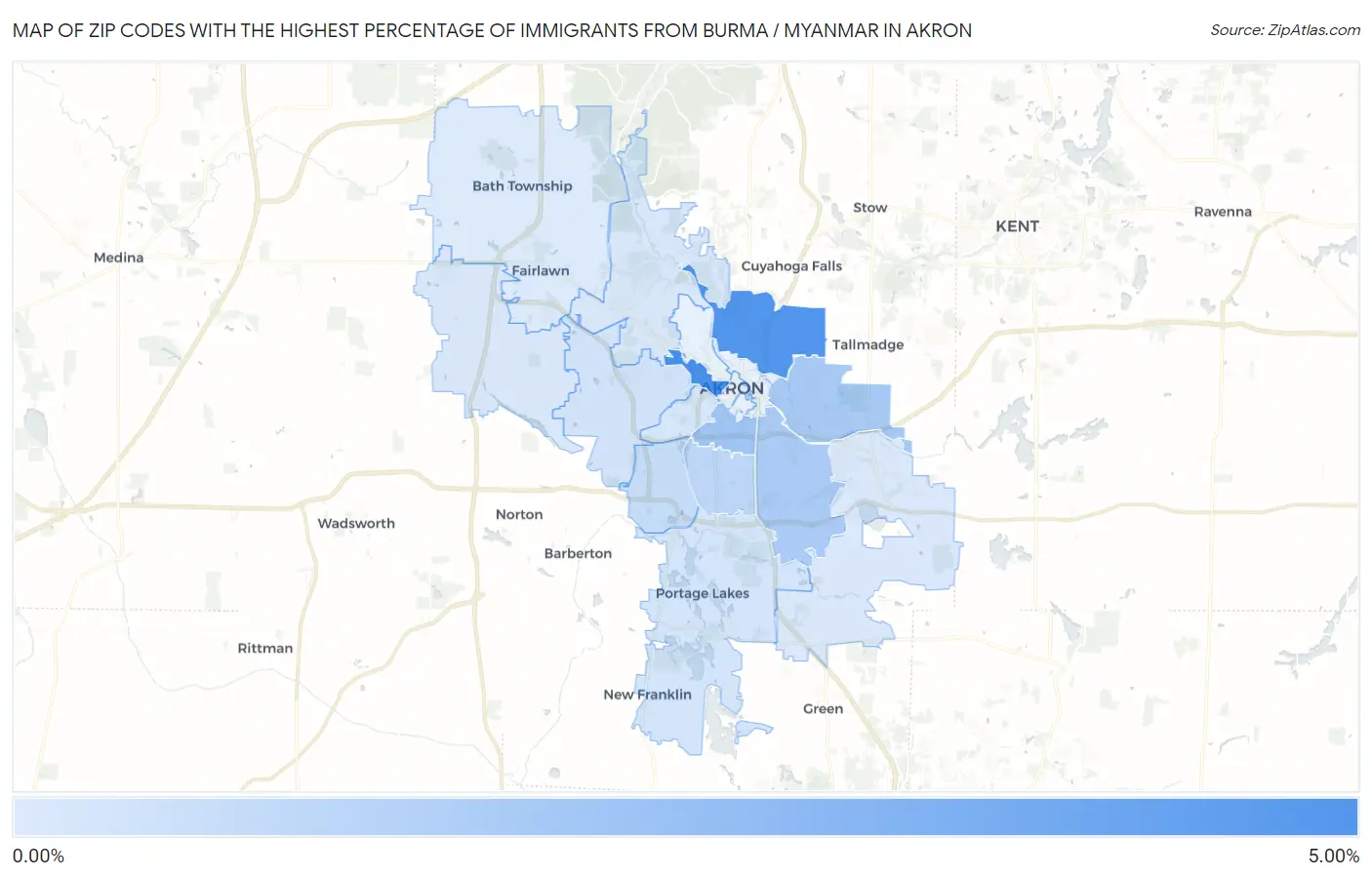 Zip Codes with the Highest Percentage of Immigrants from Burma / Myanmar in Akron Map