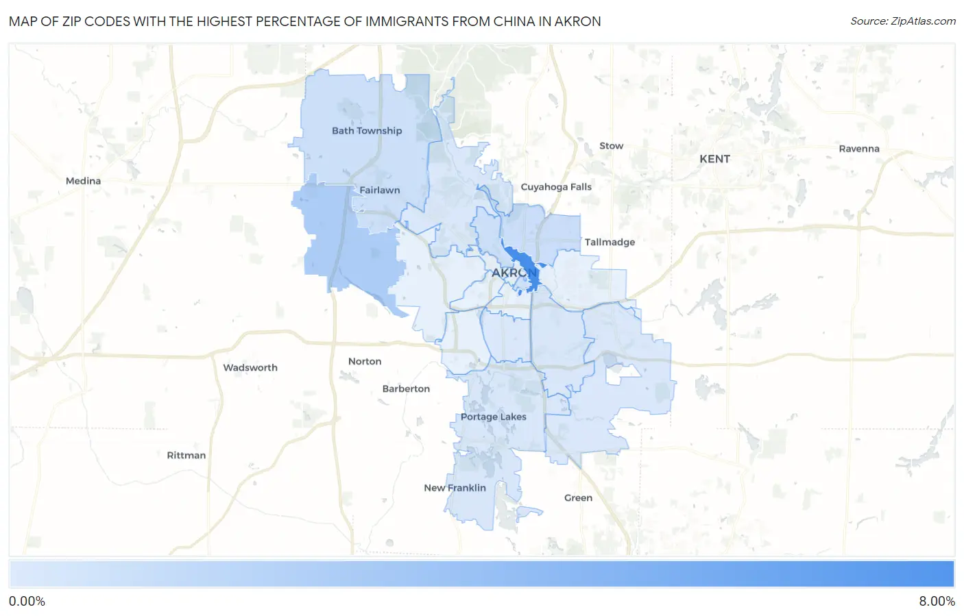 Zip Codes with the Highest Percentage of Immigrants from China in Akron Map