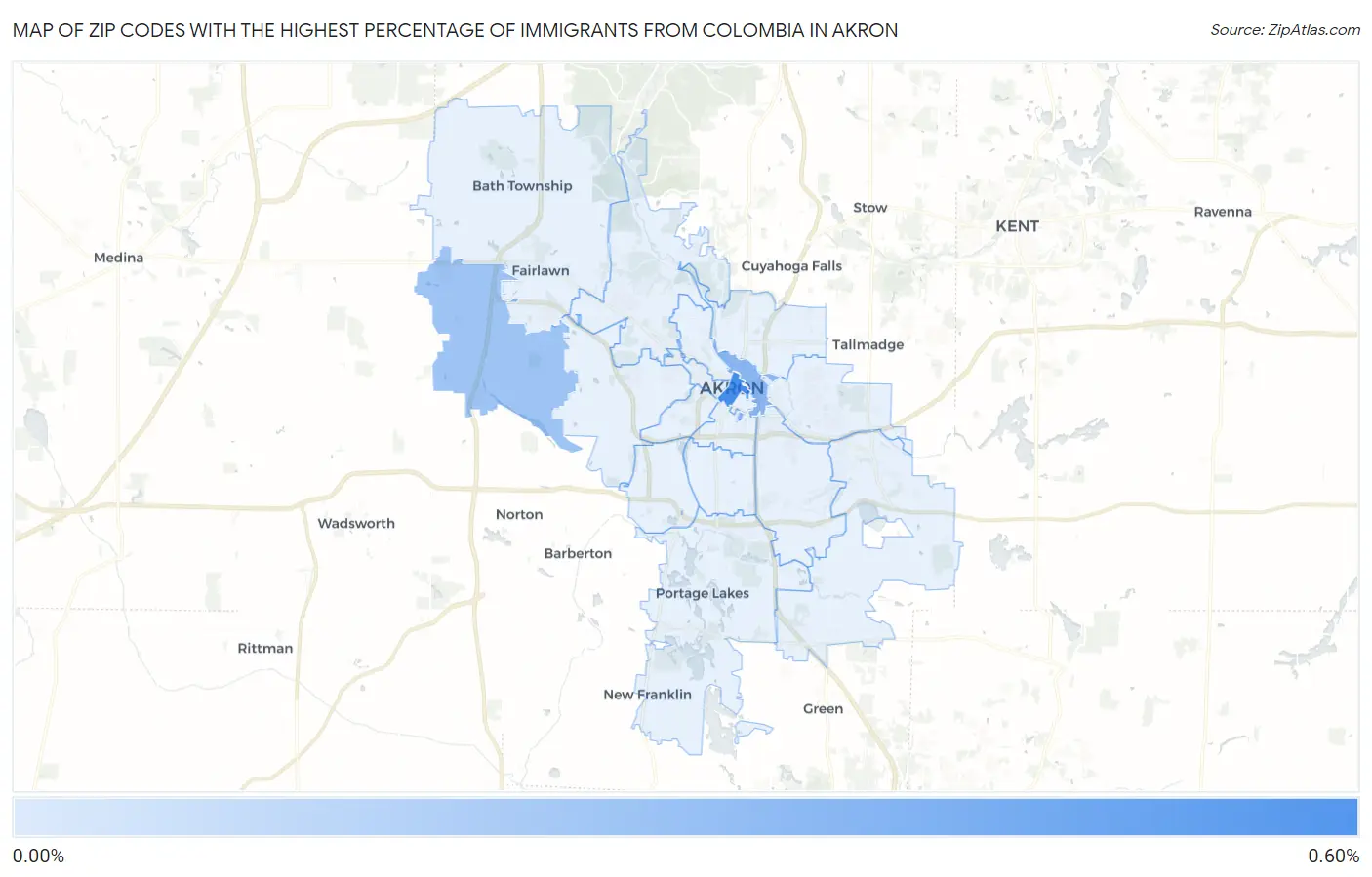 Zip Codes with the Highest Percentage of Immigrants from Colombia in Akron Map