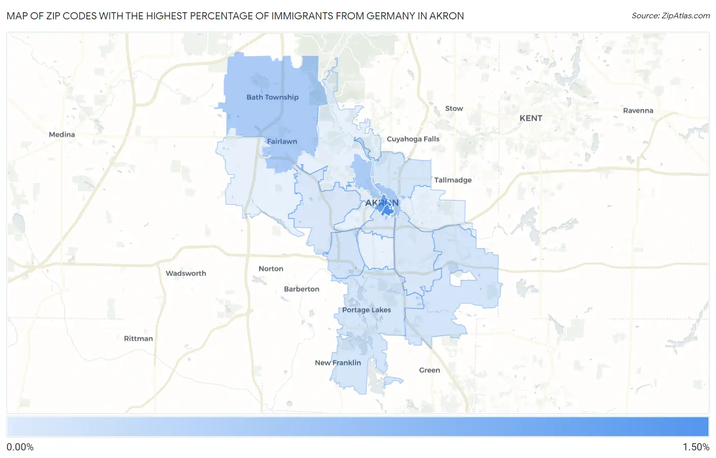 Zip Codes with the Highest Percentage of Immigrants from Germany in Akron Map