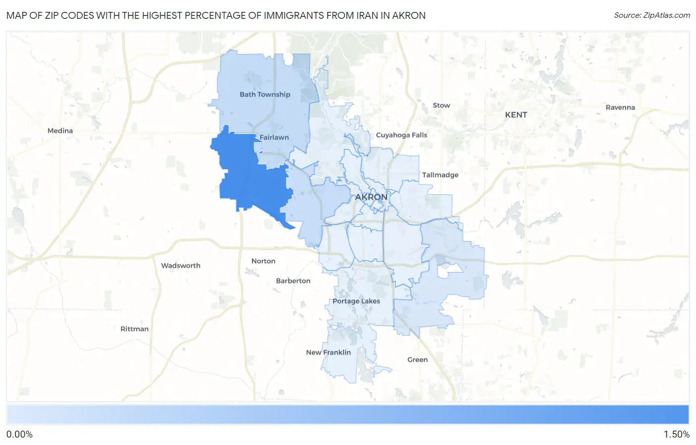 Zip Codes with the Highest Percentage of Immigrants from Iran in Akron Map