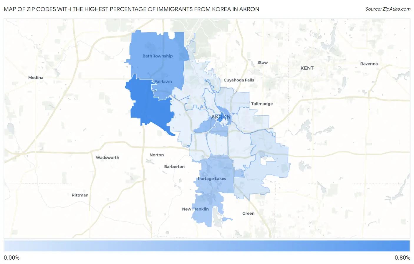 Zip Codes with the Highest Percentage of Immigrants from Korea in Akron Map