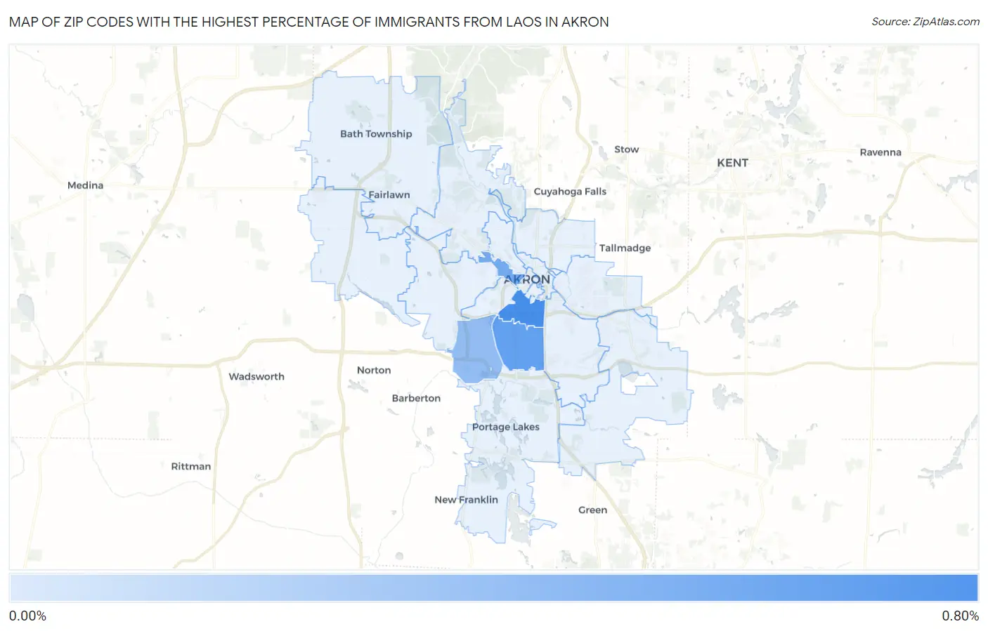 Zip Codes with the Highest Percentage of Immigrants from Laos in Akron Map