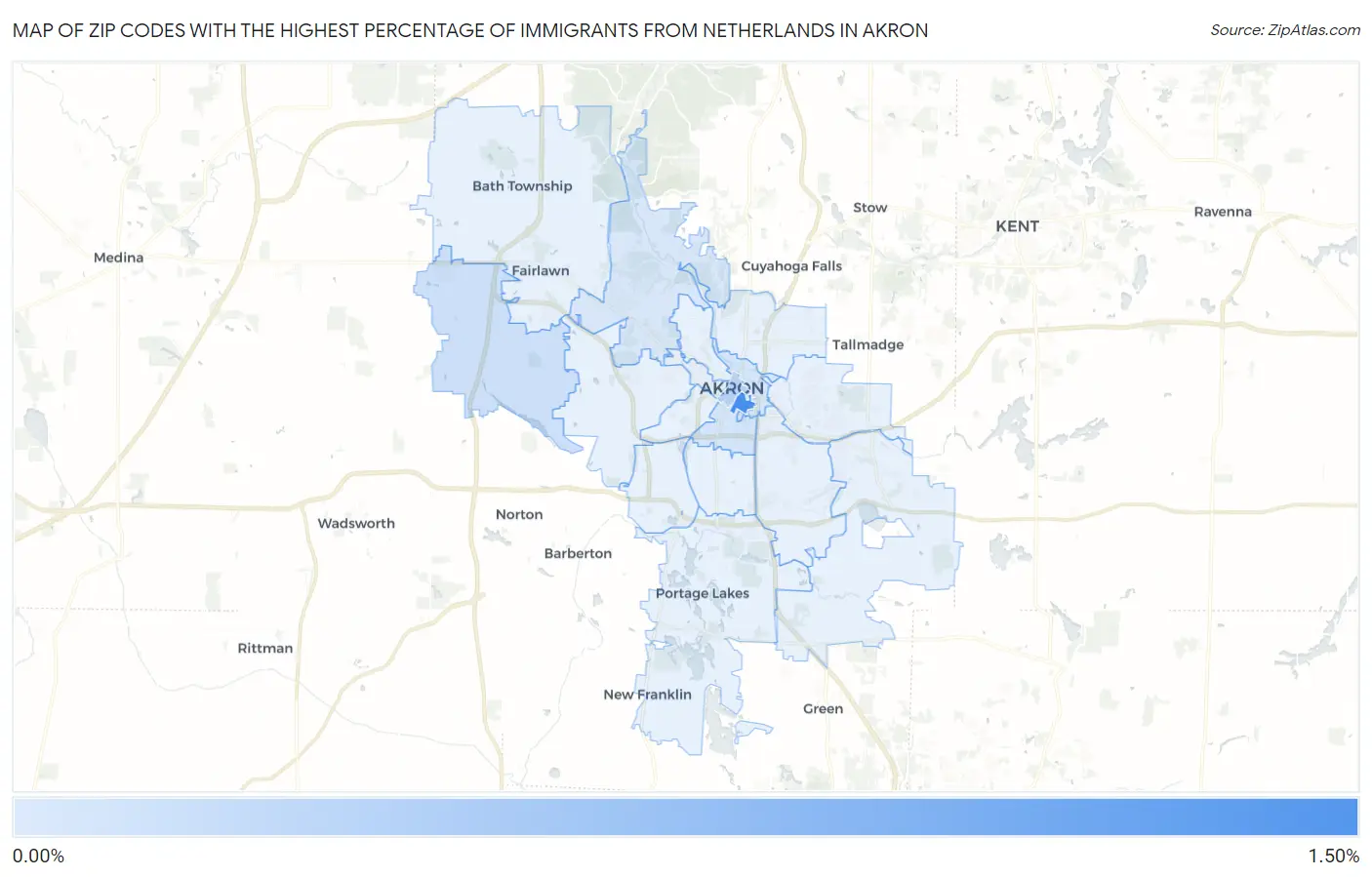 Zip Codes with the Highest Percentage of Immigrants from Netherlands in Akron Map