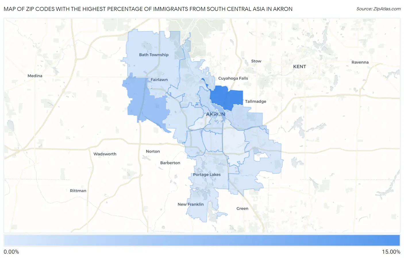 Zip Codes with the Highest Percentage of Immigrants from South Central Asia in Akron Map
