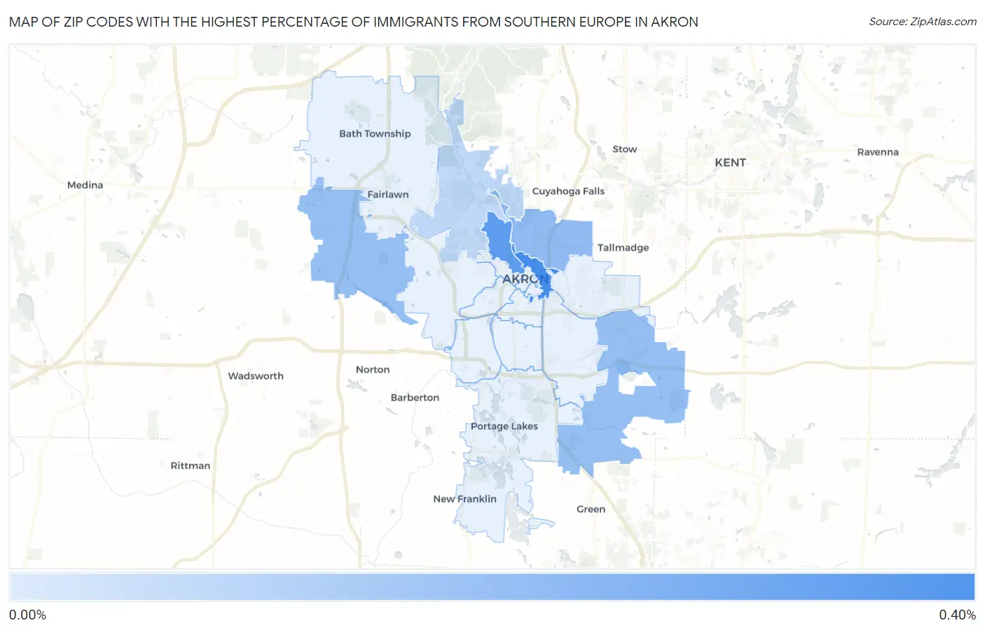 Zip Codes with the Highest Percentage of Immigrants from Southern Europe in Akron Map