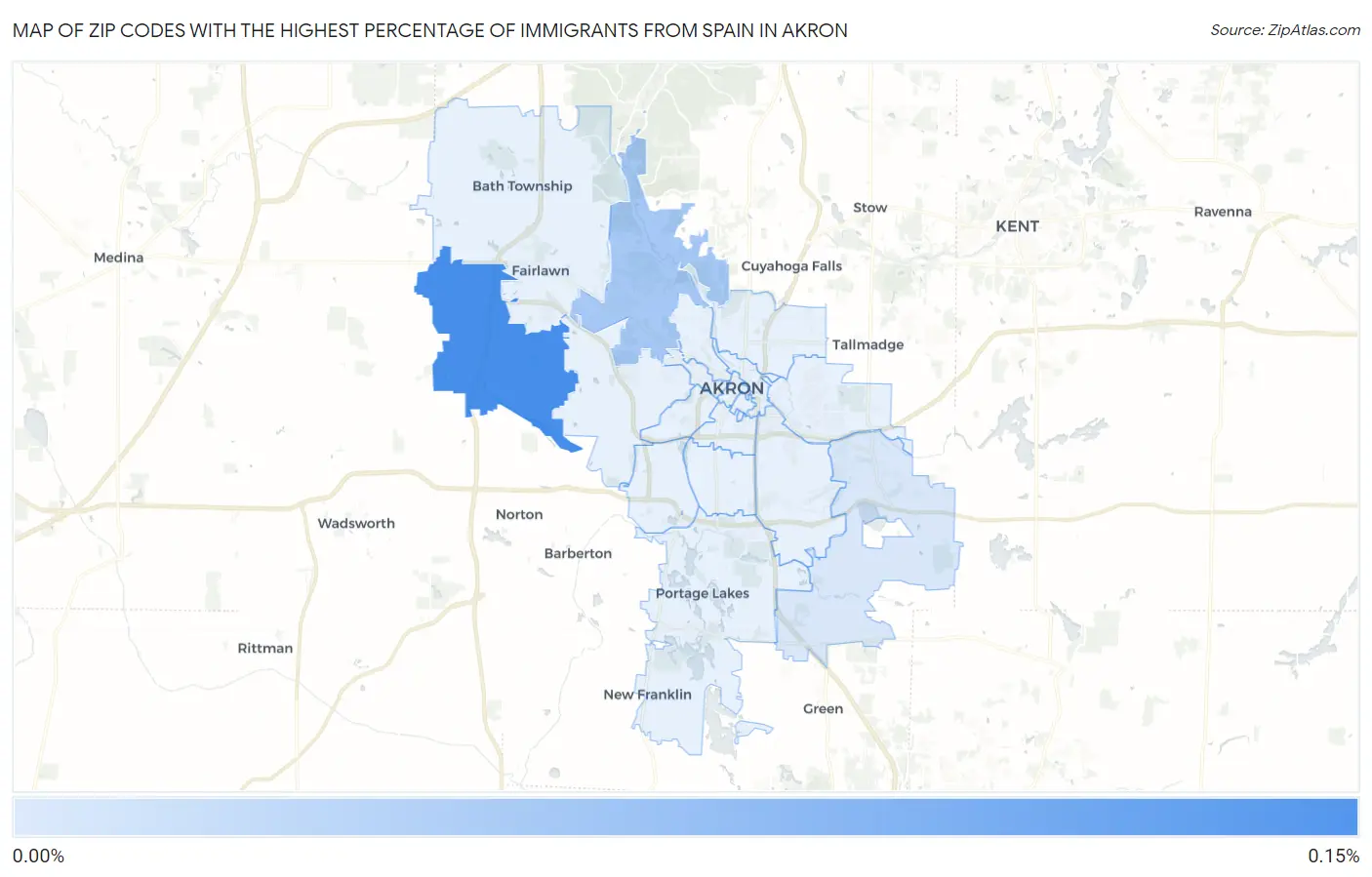 Zip Codes with the Highest Percentage of Immigrants from Spain in Akron Map