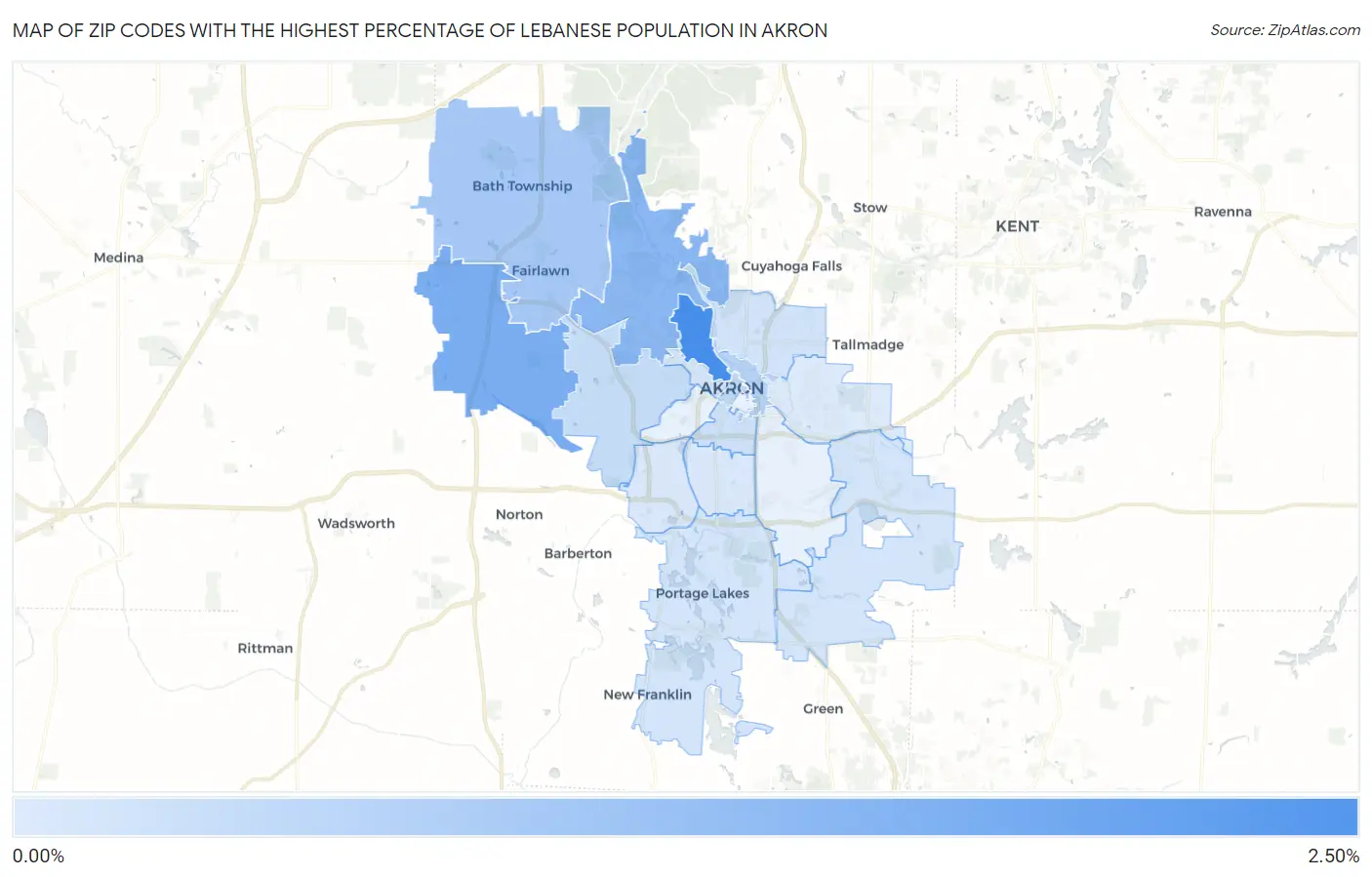 Zip Codes with the Highest Percentage of Lebanese Population in Akron Map